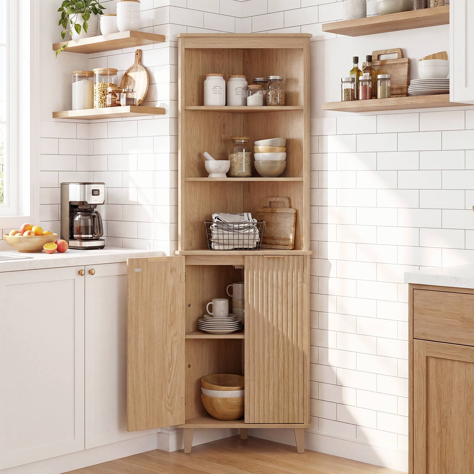 Alt View 4. Costway - Costway 68" Tall Corner Cabinet with Fluted Doors, 6-Tier Space Saver Display Shelves Bathroom Storage Cabinet - Oak.