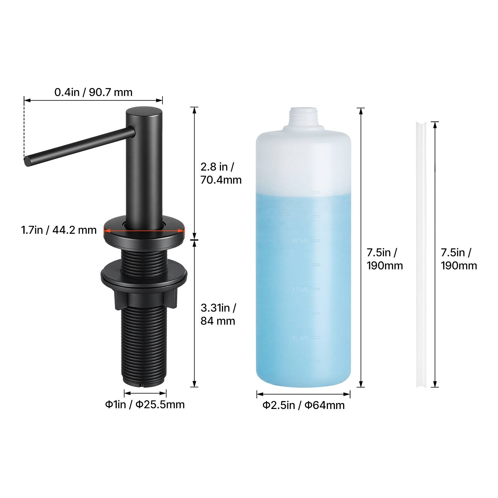 0.4in / 90.7 mm  
2.8in / 70.4mm  
1.7in / 44.2 mm  
3.31in / 84 mm  
1in / 25.5mm  
7.5in / 190mm  
7.5in / 190mm  
2.5in / 64mm
