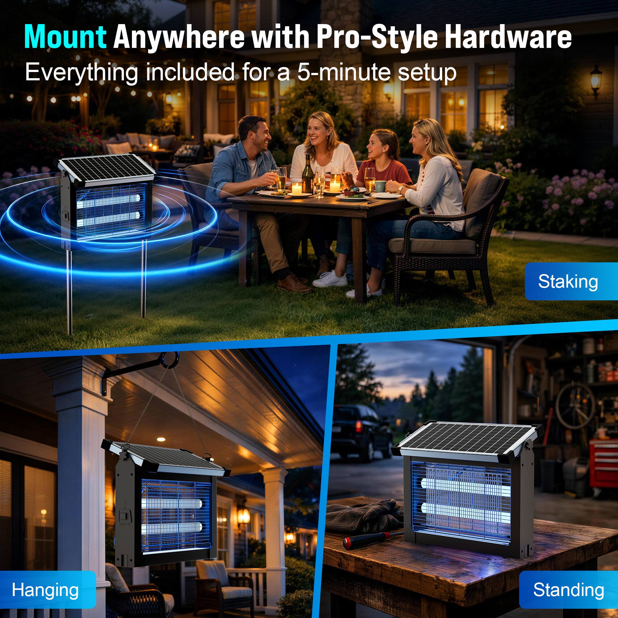 Mount Anywhere with Pro-Style Hardware  
Everything included for a 5-minute setup  

Staking  
Hanging  
Standing
