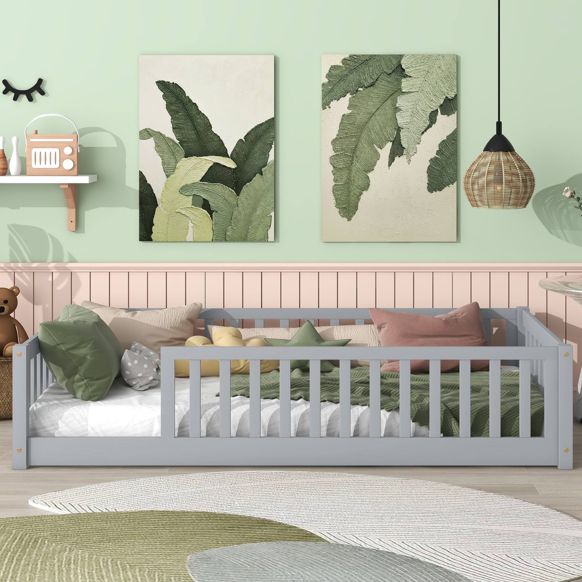 Angle. GOODSILO - Twin Size Low-Profile Youth Bed with Secure Enclosure Frame, Solid Wood Construction, Neutral Finish - Grey.