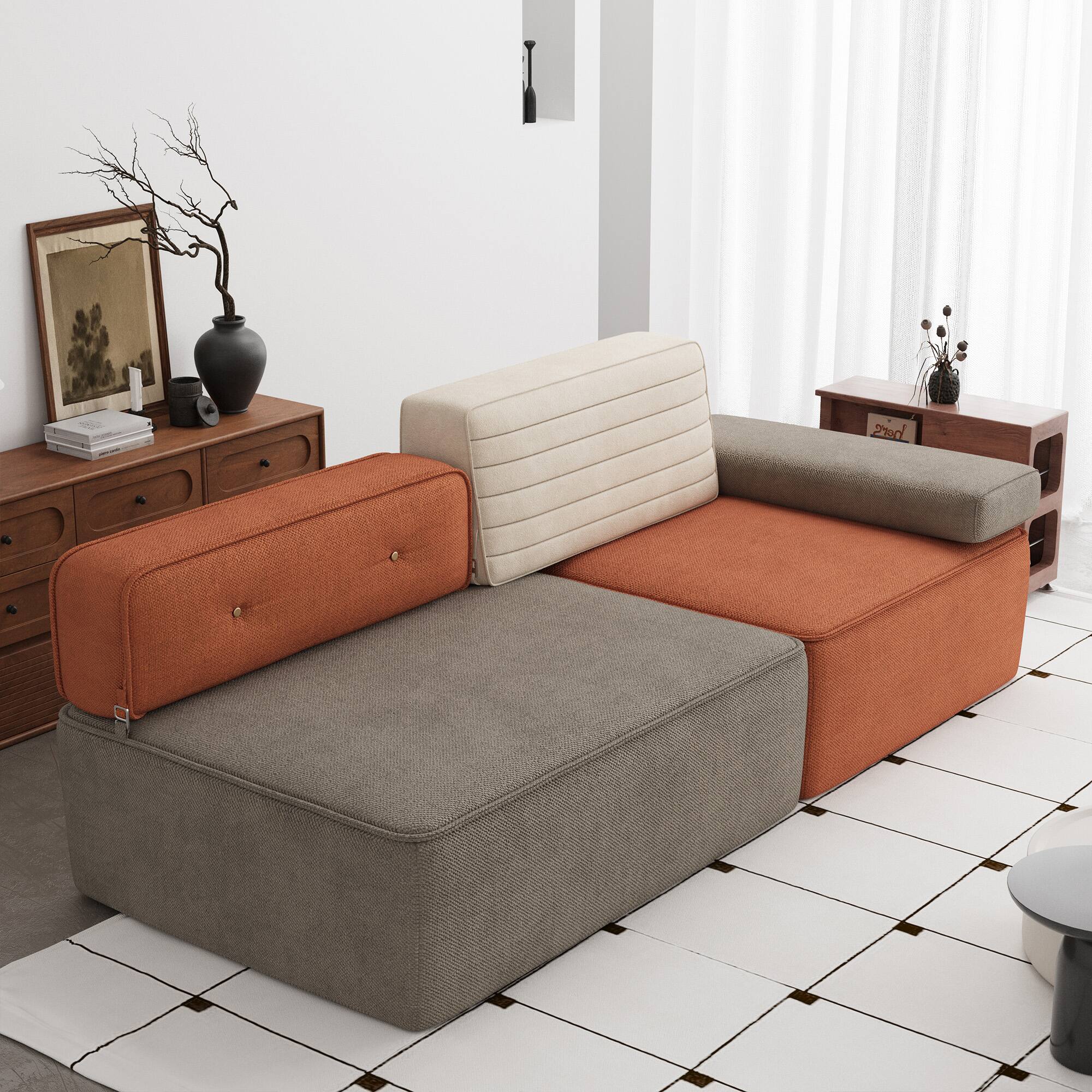 Angle. luck idea - 79.9" Modular Color-Block Sofa, Flannel Fabric, Removable & Washable Design - Orange.