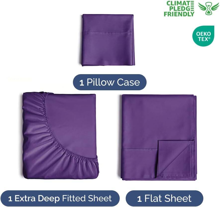 CLIMATE PLEDGE FRIENDLY  
OEKO TEX  
1 Pillow Case  
1 Extra Deep Fitted Sheet  
1 Flat Sheet