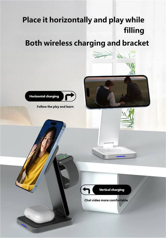 Place it horizontally and play while filling  
Both wireless charging and bracket  

Horizontal charging  
Follow the play and learn  

Vertical charging  
Chat video more comfortable