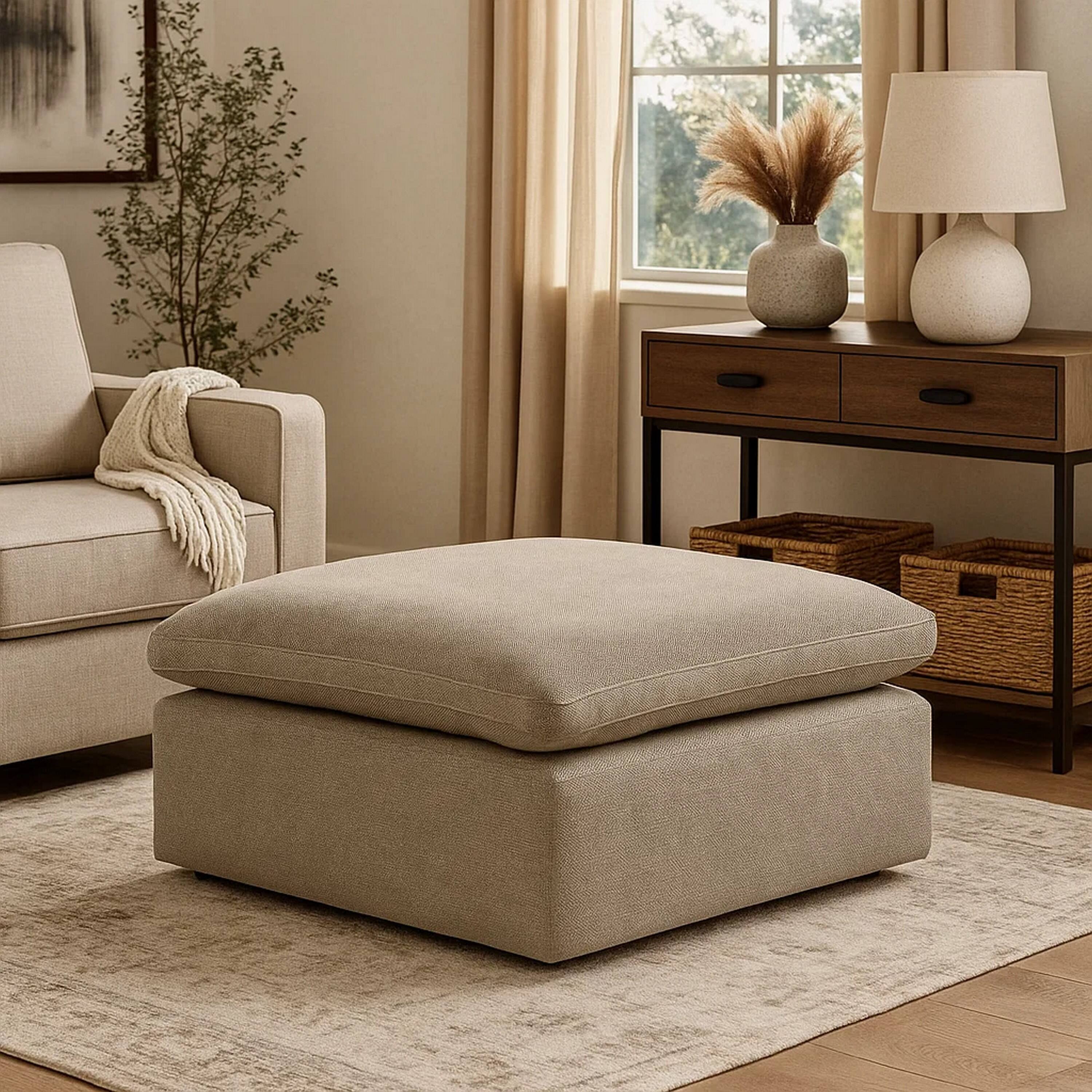 Alt View 5. Manhattan Lane - Scott 37 Inch Square Ottoman, Removable Pillow Top Cushion - Beige Linen.