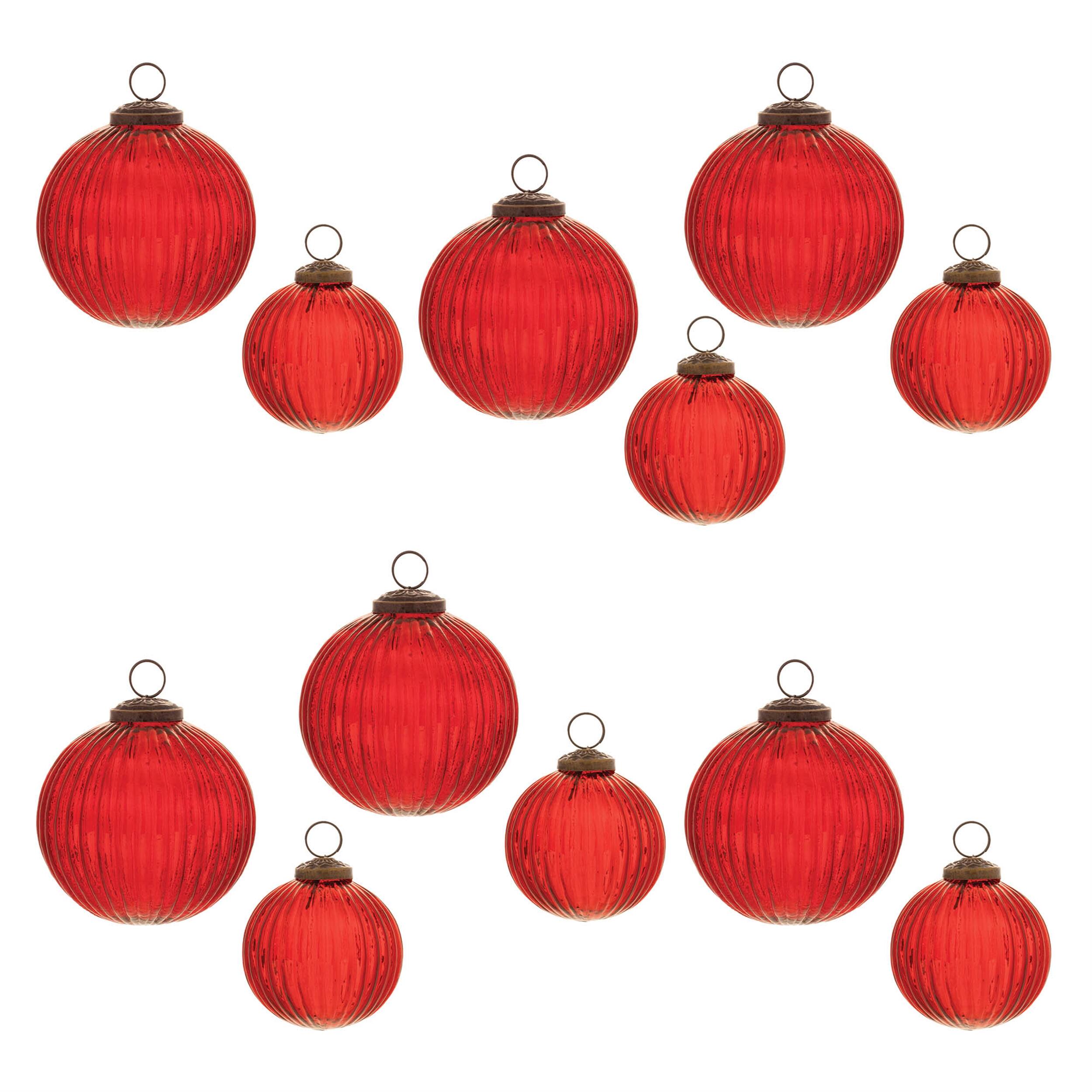 Alt View 2. BreeBe - Ribbed Glass Ball Ornament (Set of 12) - Red.