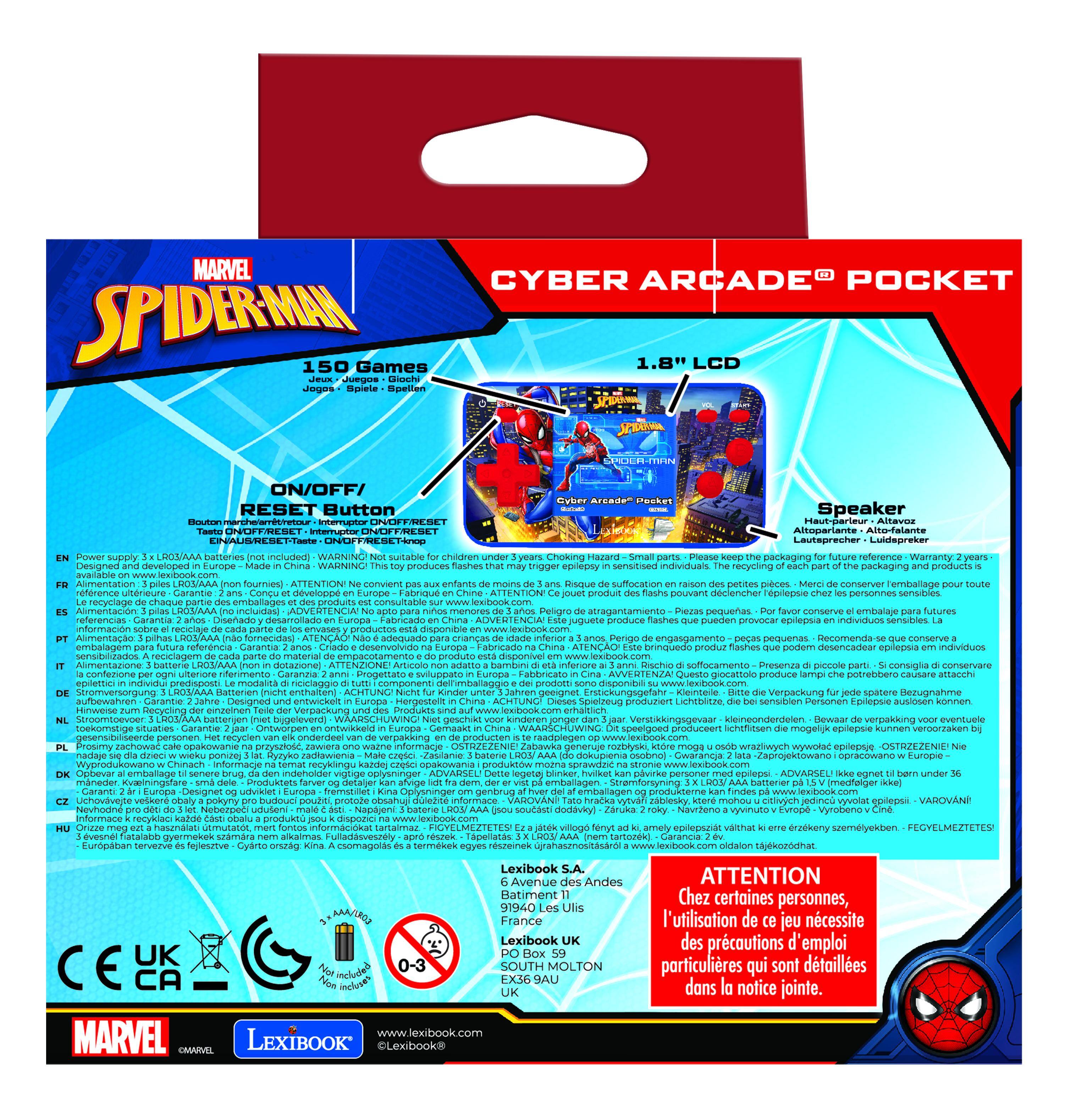 MARVEL SPIDER-MAN 150 Games Juegos Spetten CYBER ARCADE POCKET 1.8" LCD ON/OFF/ RESET Button Speaker AAA batteries children choking packaging Designed developed WASNING produces eprepiy senutised necyicling packaging avalable fouries: ATTENTION suffocation CnsemVe rembaliage neference Carantee dveloppe deciencr epropce TSIre sensibies recyciage embaliages consultace atragantamiento pequertas embalaje referencias Diserado juguee produce ec-lepsia nuttun nformacin ssporibie Alimentao fomecida adequado engasgemento  ecomenda embalagem referencia Carantia desenvolvido ATENAC desencadesr epepca senubizados diponive Almentazione wWD dotazione Dmdore inferore suffucamento Presena consigha conservare conferinne ferimento Caranzia Propettato giocattolo produce sucveober epilettic ndividui  ricicieggio ppeignet Kieinterie Verpackung izugnatme aufbewahnen Crantie Designed encwicket Hergeste