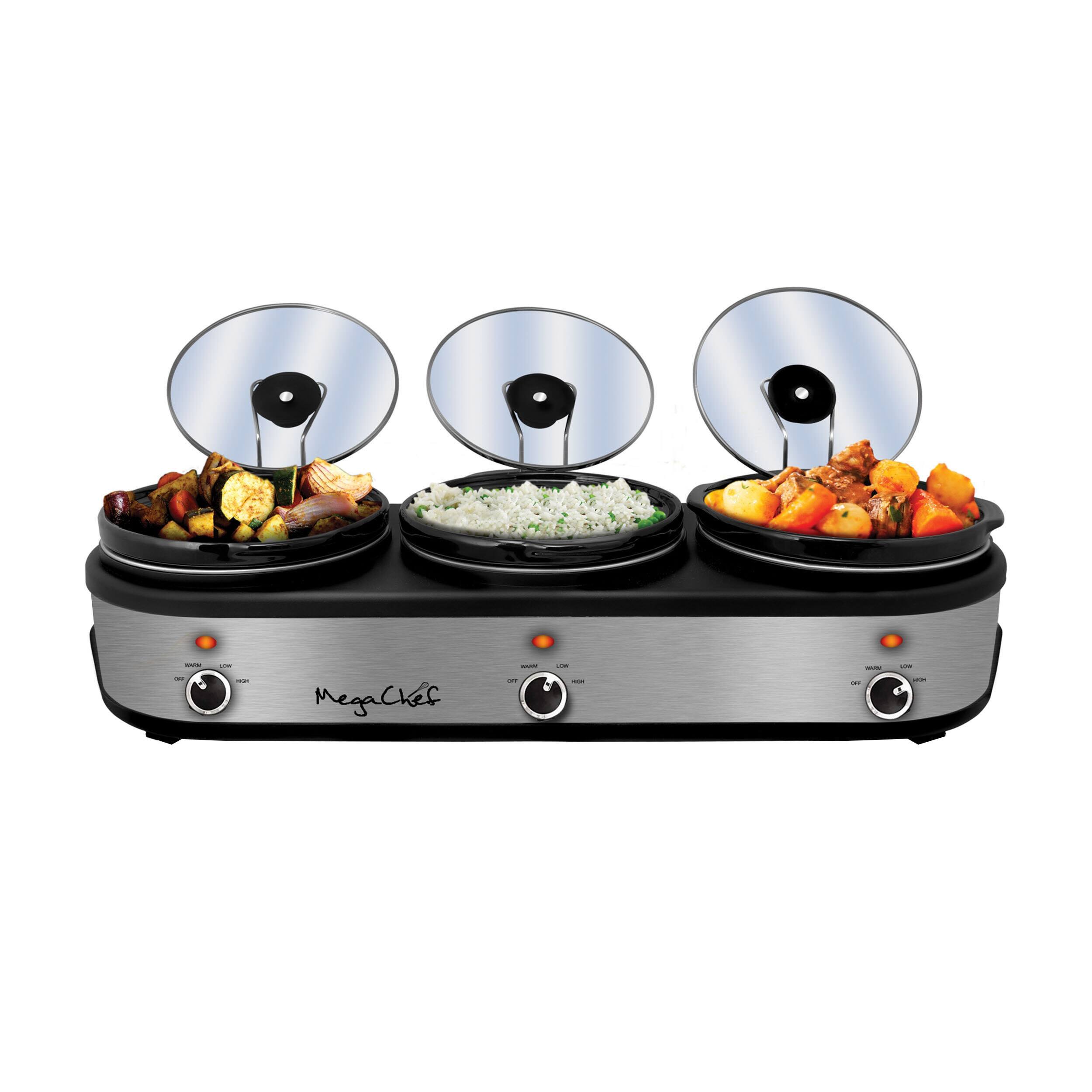 MegaChef - Triple 2.5 Quart Slow Cooker and Buffet Server in Brushed and Black Finish - Silver