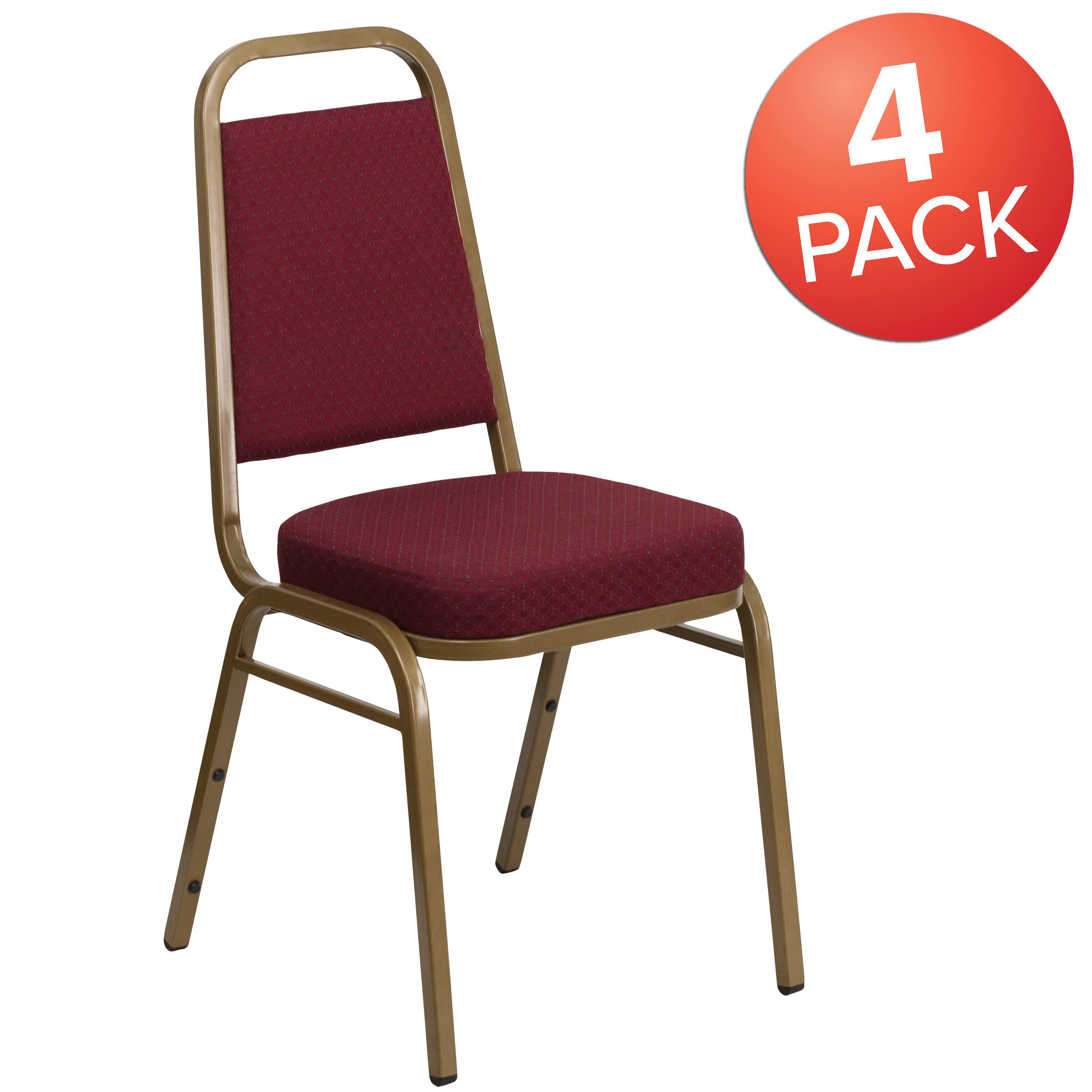 Alt View 1. Emma + Oliver - 4 Pack Trapezoidal Back Stacking Banquet Chair - Burgundy Patterned Fabric/Gold Frame.