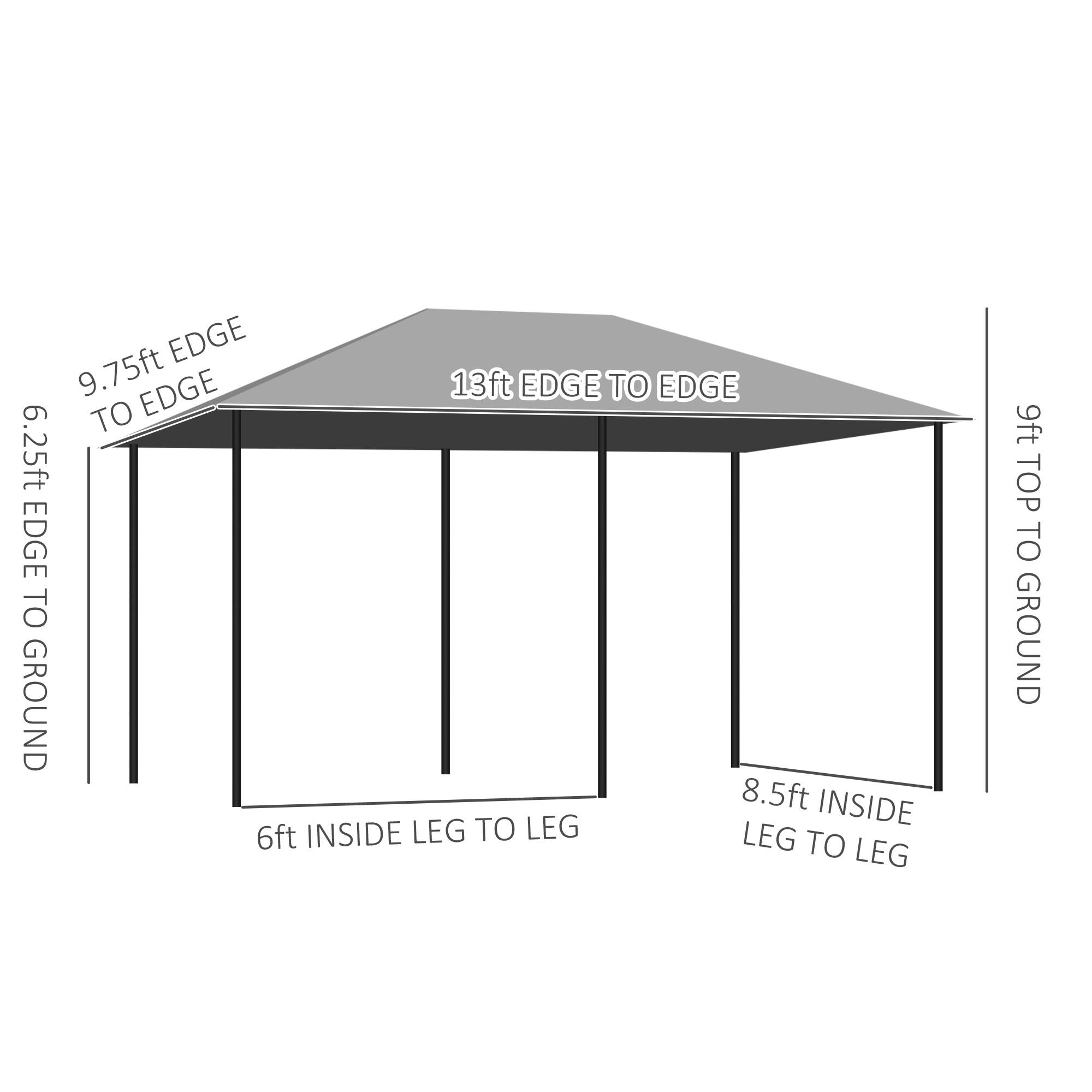 EDGE TO EDGE: 13ft
EDGE TO EDGE TO EDGE: 9.75ft
EDGE TO GROUND: 6.25ft
INSIDE LEG TO LEG: 6ft
LEG TO LEG: 8.5ft
TOP TO GROUND: 9ft