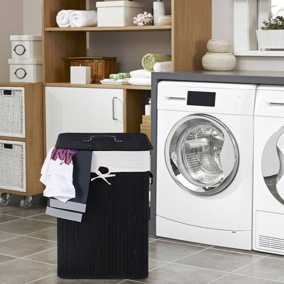 Alt View 14. Costway - Rectangle Bamboo Hamper Laundry Basket Washing Cloth Bin Rangier Lid Black - Black/White.