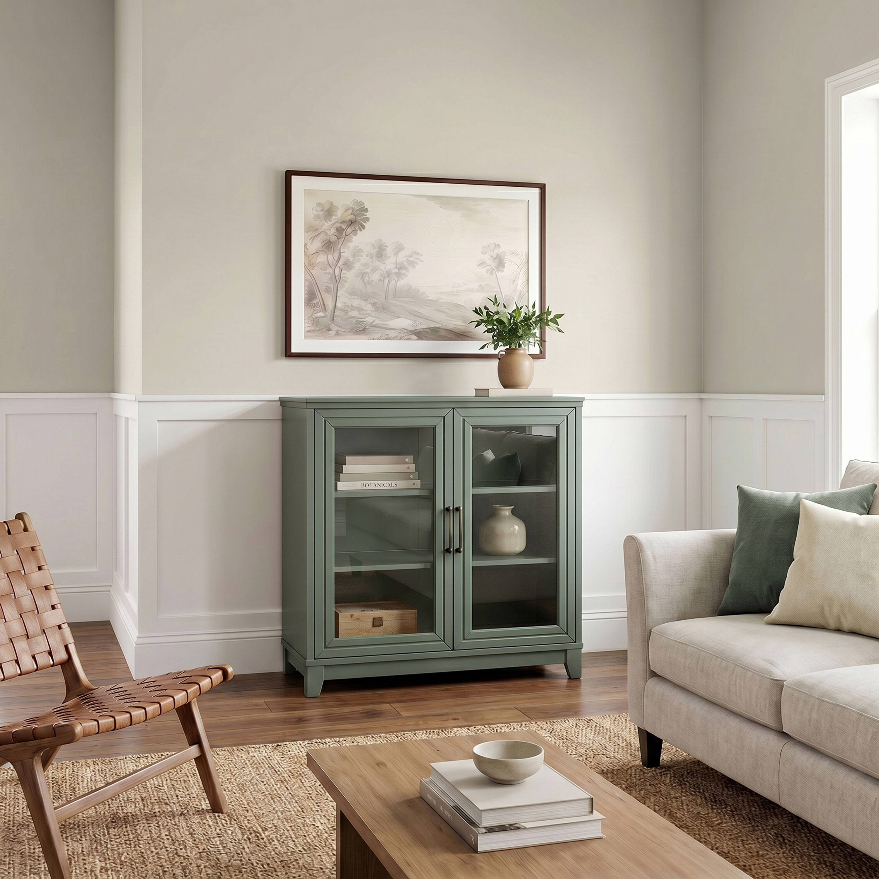 Alt View 5. Martha Stewart - Bedford Modular Storage Cabinet, Glass Soft-Close Doors with Hardware, Adjustable Shelf, Solid Wood Frame/Legs - Fern Green Frame/Gunmetal Hardware.