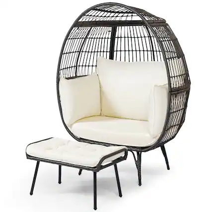 Front. Costway - Costway 2 PCS Patio Wicker Lounge Basket Set Oversized Egg Chair with Soft Cushions - Off White.