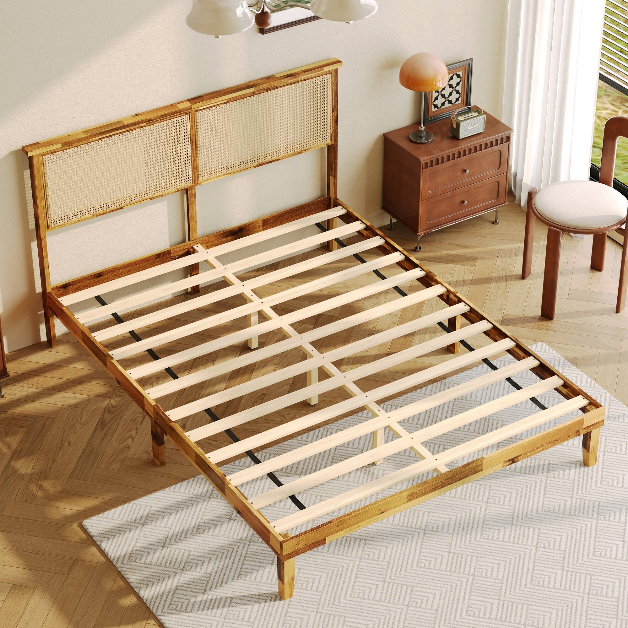 Alt View 9. Famapy - Famapy Solid Wood Platform Bed Frame - Rattan Headboard, Acacia Wood, Sturdy Slat Support - Wooden.