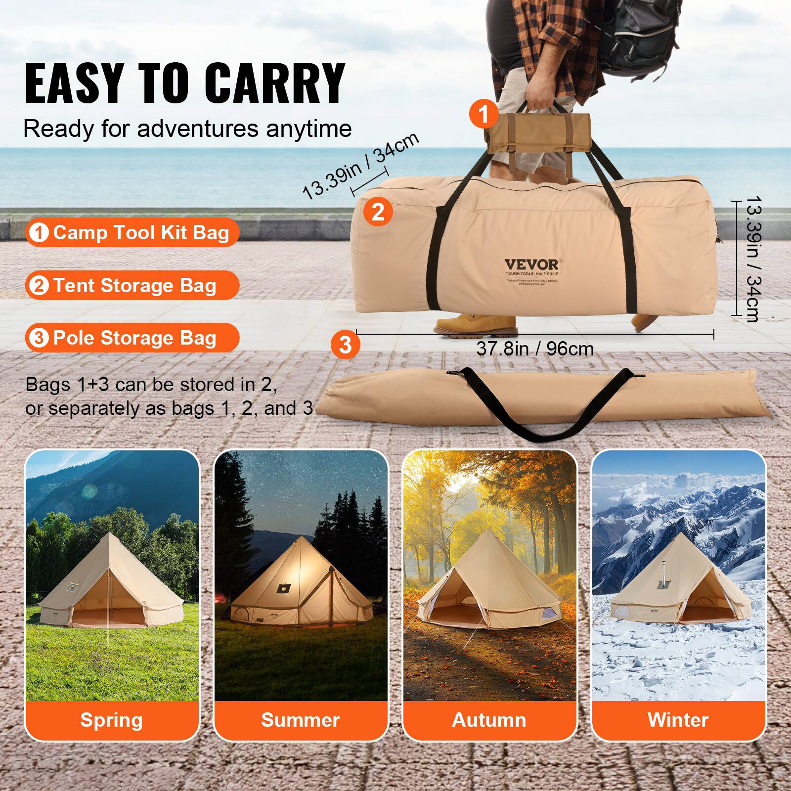 EASY TO CARRY Ready for adventures anytime | 34cm 13.39in 2 1 Camp Tool Kit Bag 2 Tent Storage Bag 3 Pole Storage Bag 3 1 VEVOR Coia I I 37.8ir in / 96cm / 13.39in / 34cm Bags 1+3 can be stored in 2, or separately as bags 1, 2, and 3 . Spring Summer Autumn Winter