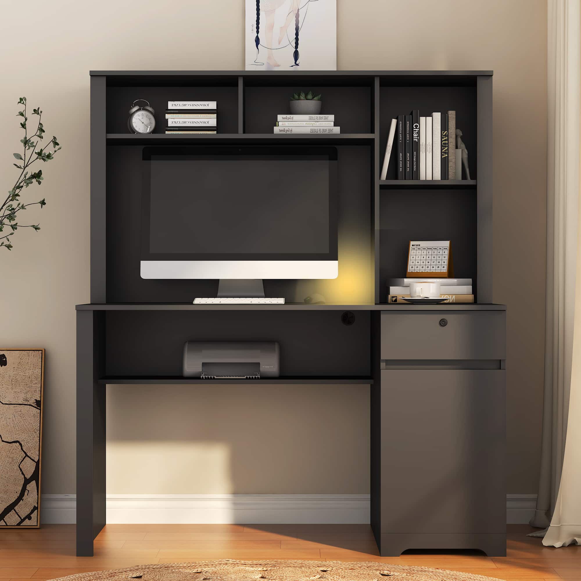 Tiramisubest - Modern Wooden Computer Desk with Hutch & Bookshelf, Home Office Desk with Drawers, 3 AC Outlets, 2 USB Ports - Black