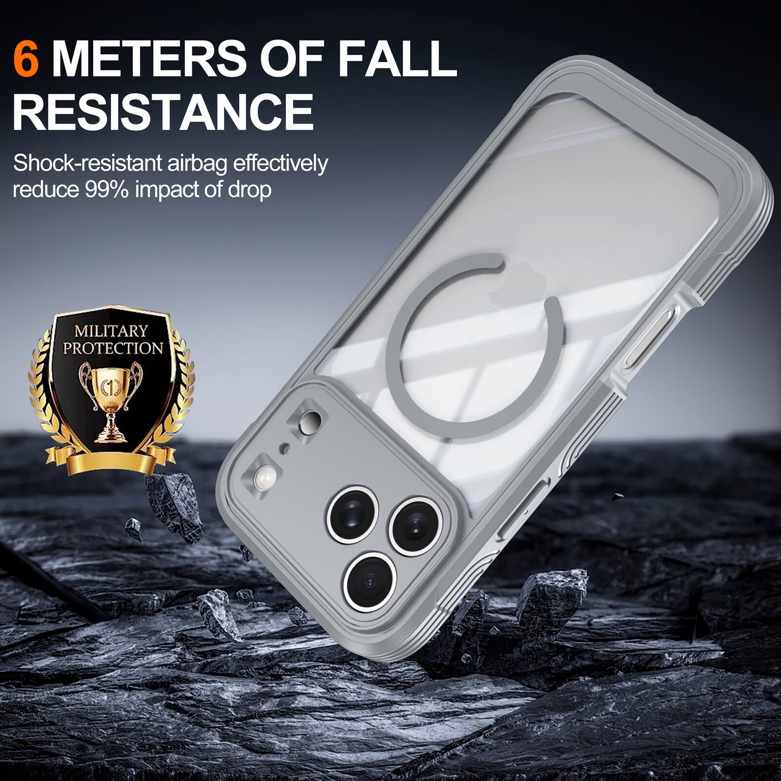 6 METERS OF FALL RESISTANCE  
Shock-resistant airbag effectively reduce 99% impact of drop  
MILITARY PROTECTION