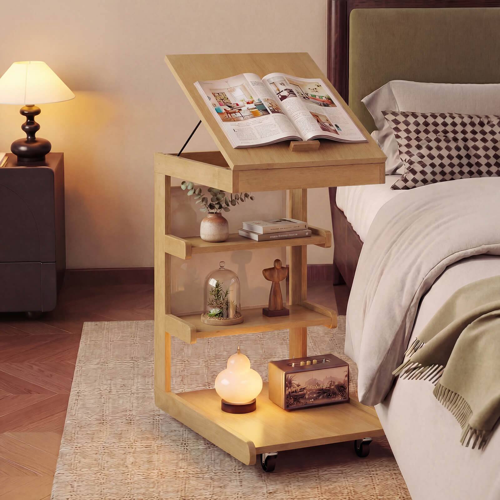 Alt View 3. Costway - Costway 1 PCS C-shaped End Table with Wheels, Adjustable Desktop, Edge Stopper, Storage Pocket - Natural.