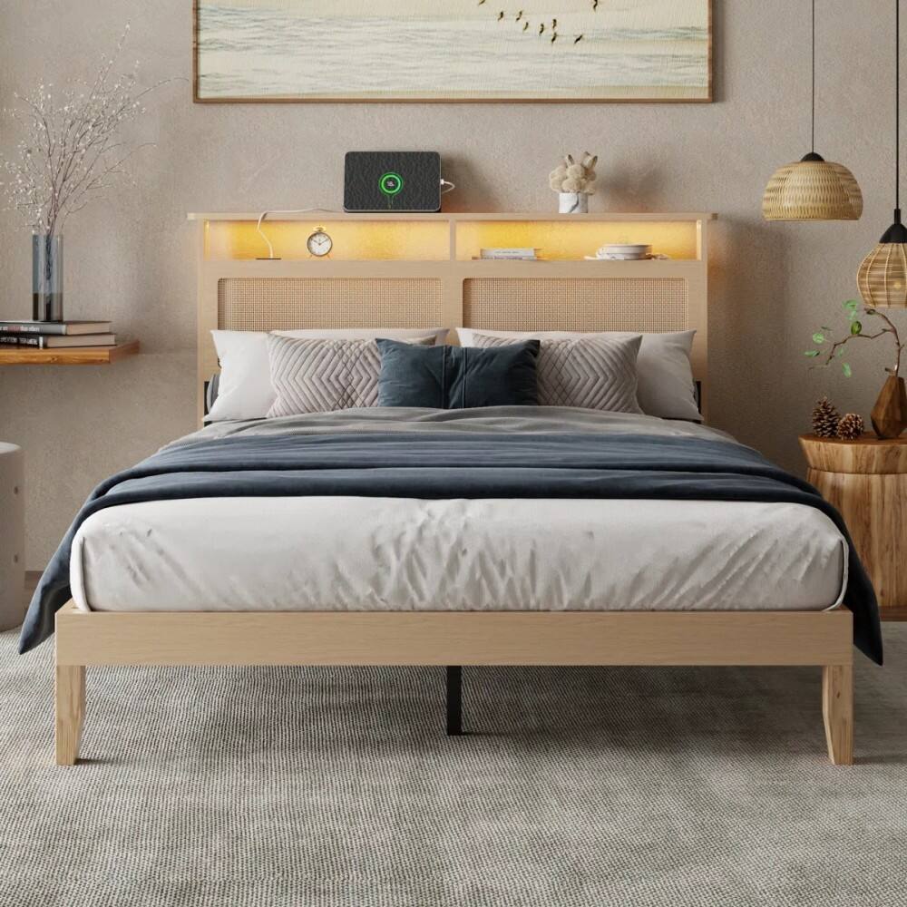 Alt View 1. Furnulem - Queen Bed Frame With Natural Rattan Headboard Platform Bed Frame With LED Lights And Storage - Gold.