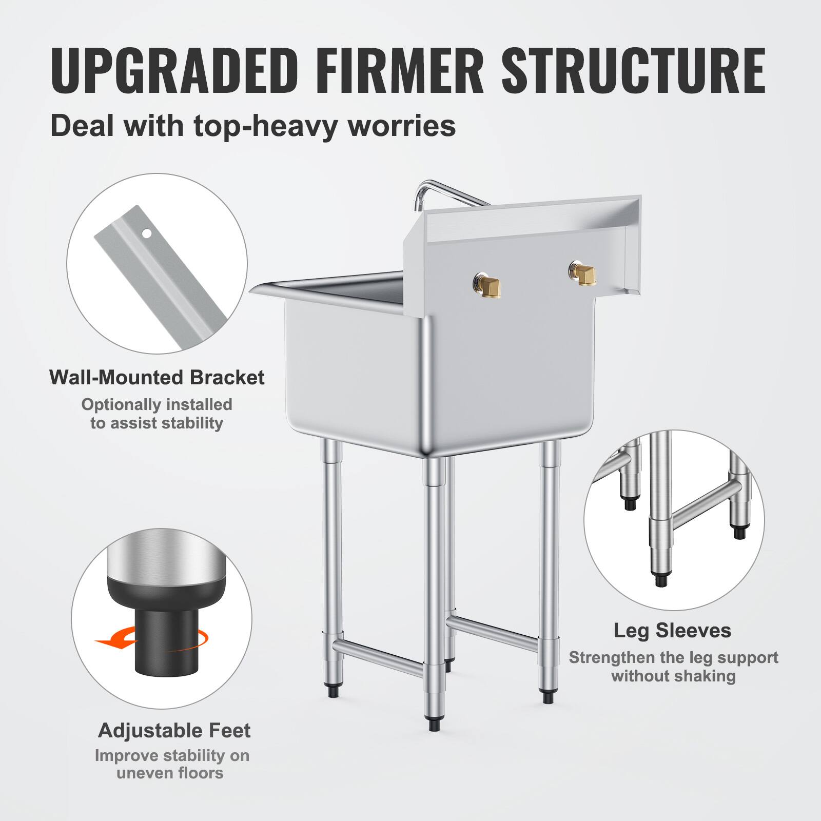 UPGRADED FIRMER STRUCTURE  
Deal with top-heavy worries  

- Wall-Mounted Bracket  
  Optionally installed to assist stability  

- Leg Sleeves  
  Strengthen the leg support without shaking  

- Adjustable Feet  
  Improve stability on uneven floors