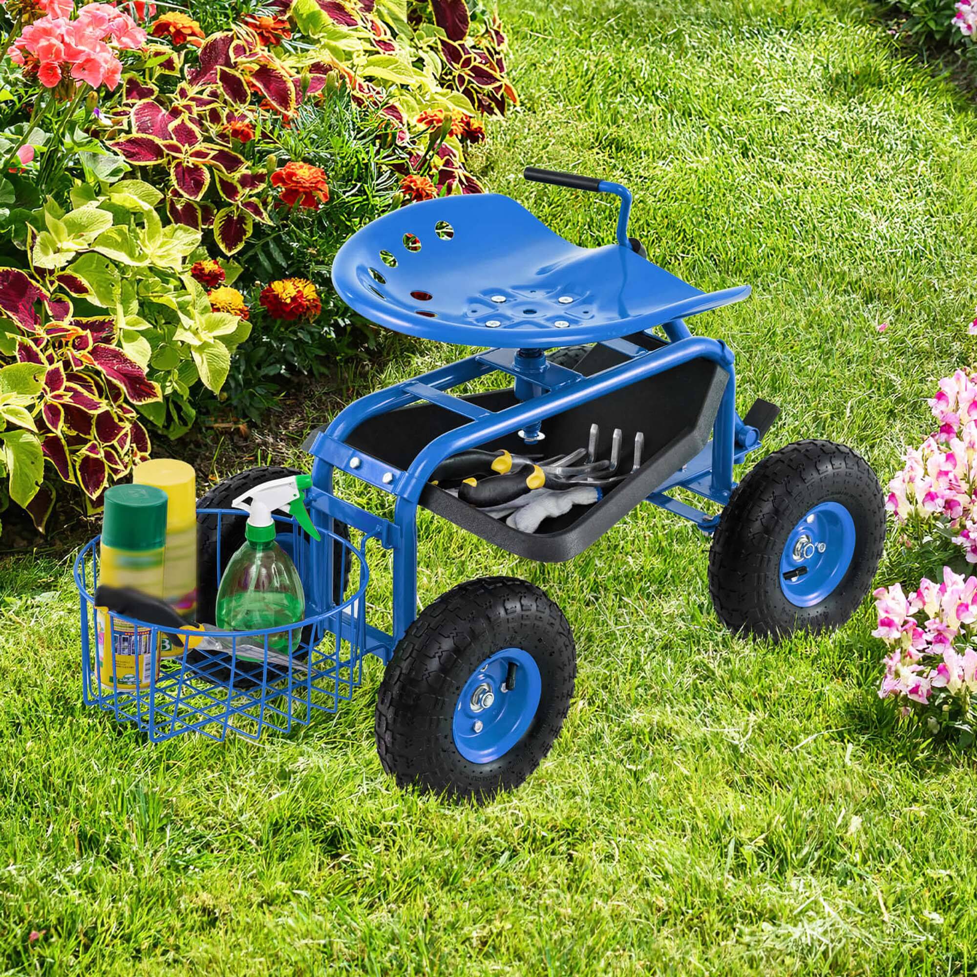 Alt View 3. Costway - Costway Garden Cart Rolling Work Seat Wagon Scooter for Planting with Extendable Handle - Blue.
