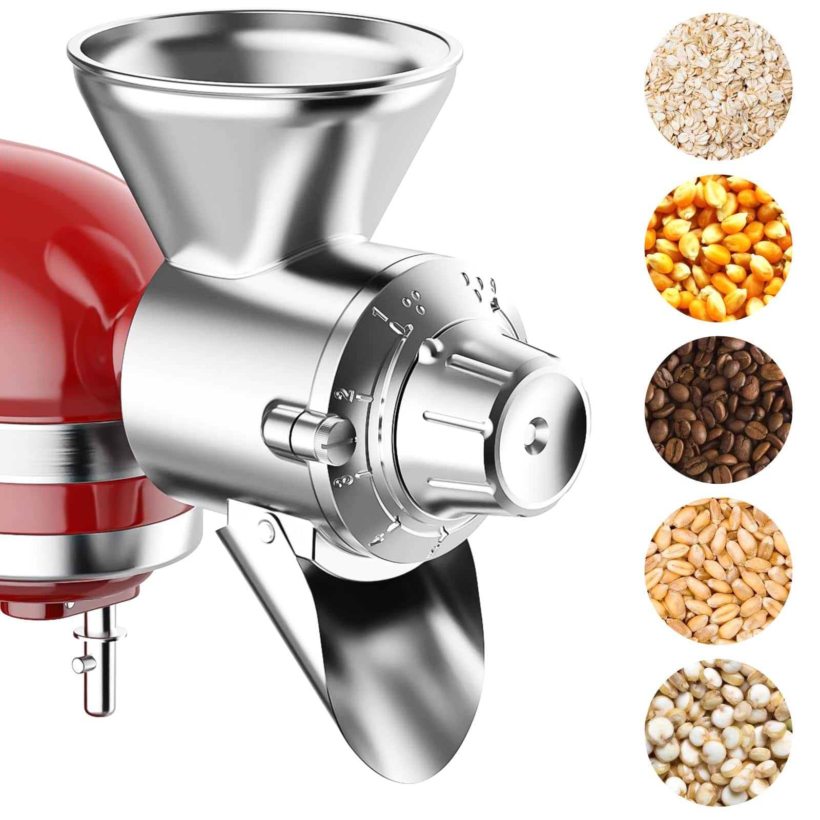 Gvode - Grain Mill Attachment, Compatible with KitchenAid®, All metal, 9 Grind Levels, Grains/ Cereals - Silver