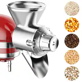 Gvode - Grain Mill Attachment, Compatible with KitchenAid®, All metal, 9 Grind Levels, Grains/ Cereals - Silver