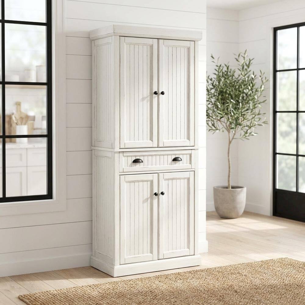 Angle. FurniFact - White kitchen pantry cabinet with anti-tip safety feature - Distressed White.
