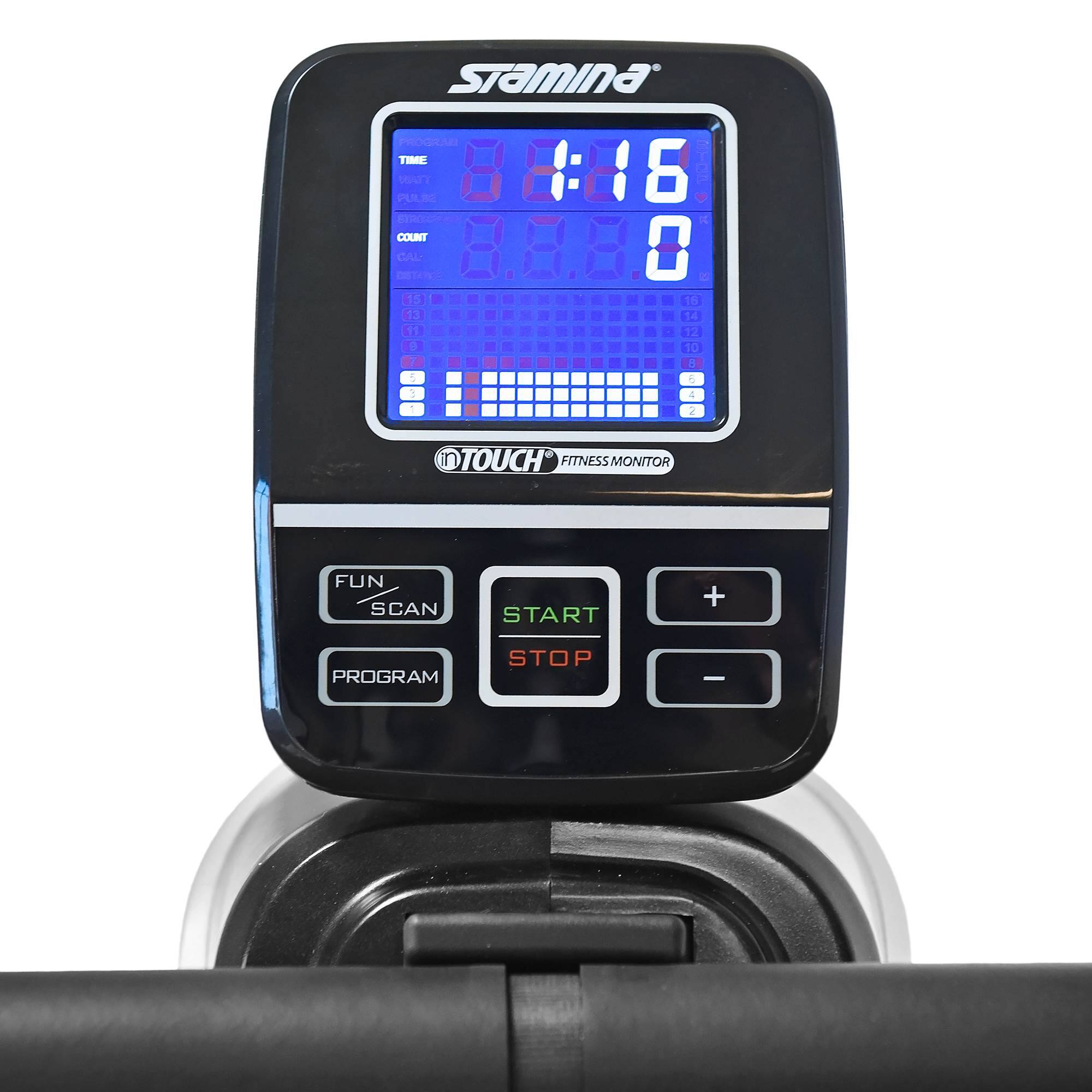 Stamina  
TOUCH FITNESS MONITOR  

PROGRAM  
TIME 88:16  
WEIGHT 88  
PULSE 88  
COUNT 8.8  
CAL 0  

FUN SCAN  
START  
STOP  
PROGRAM  

+  
-