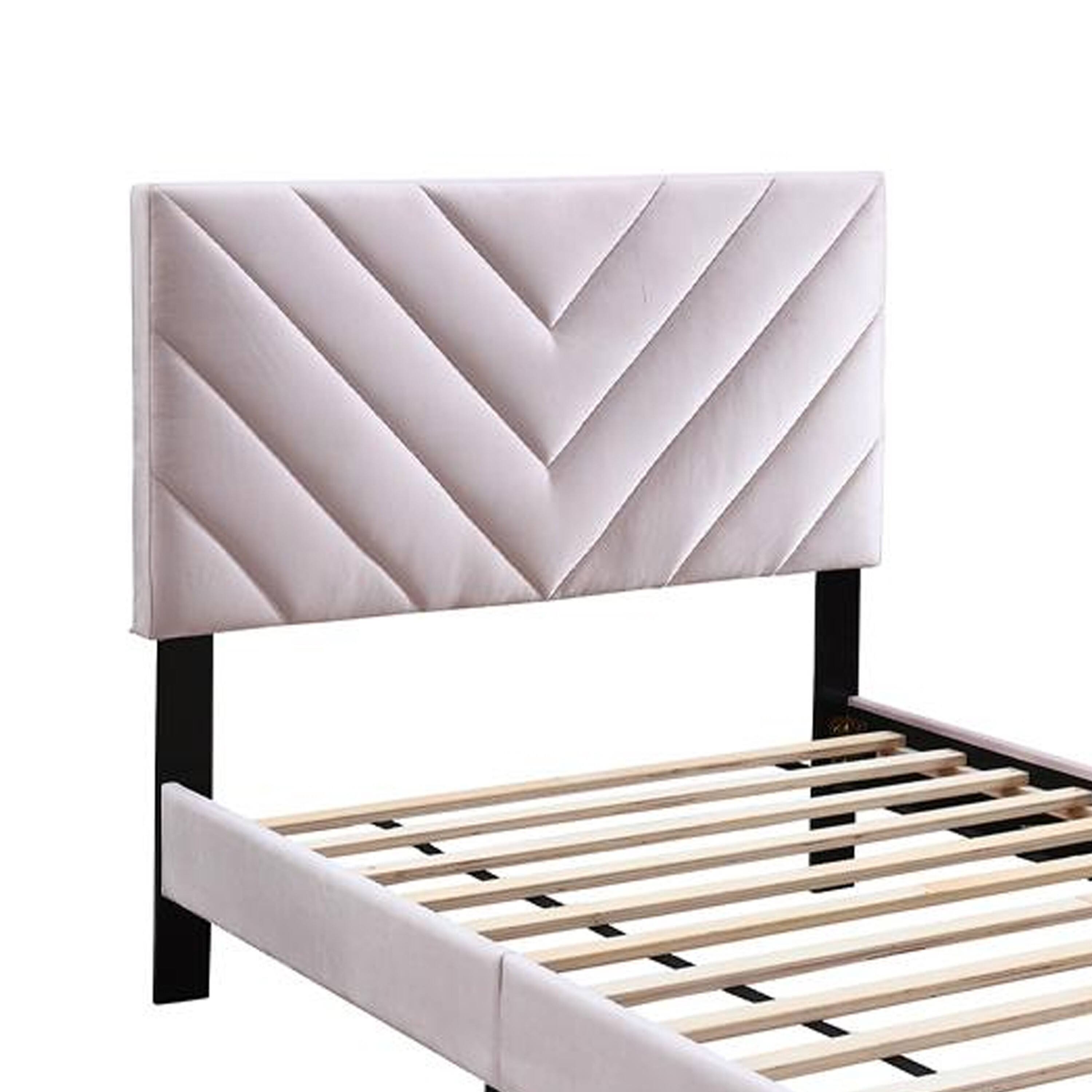 Alt View 2. Manhattan Lane - Lilian Twin Bed, Tufted Light Pink Velvet Upholstery, Chevron Stitch - Pink, Black.