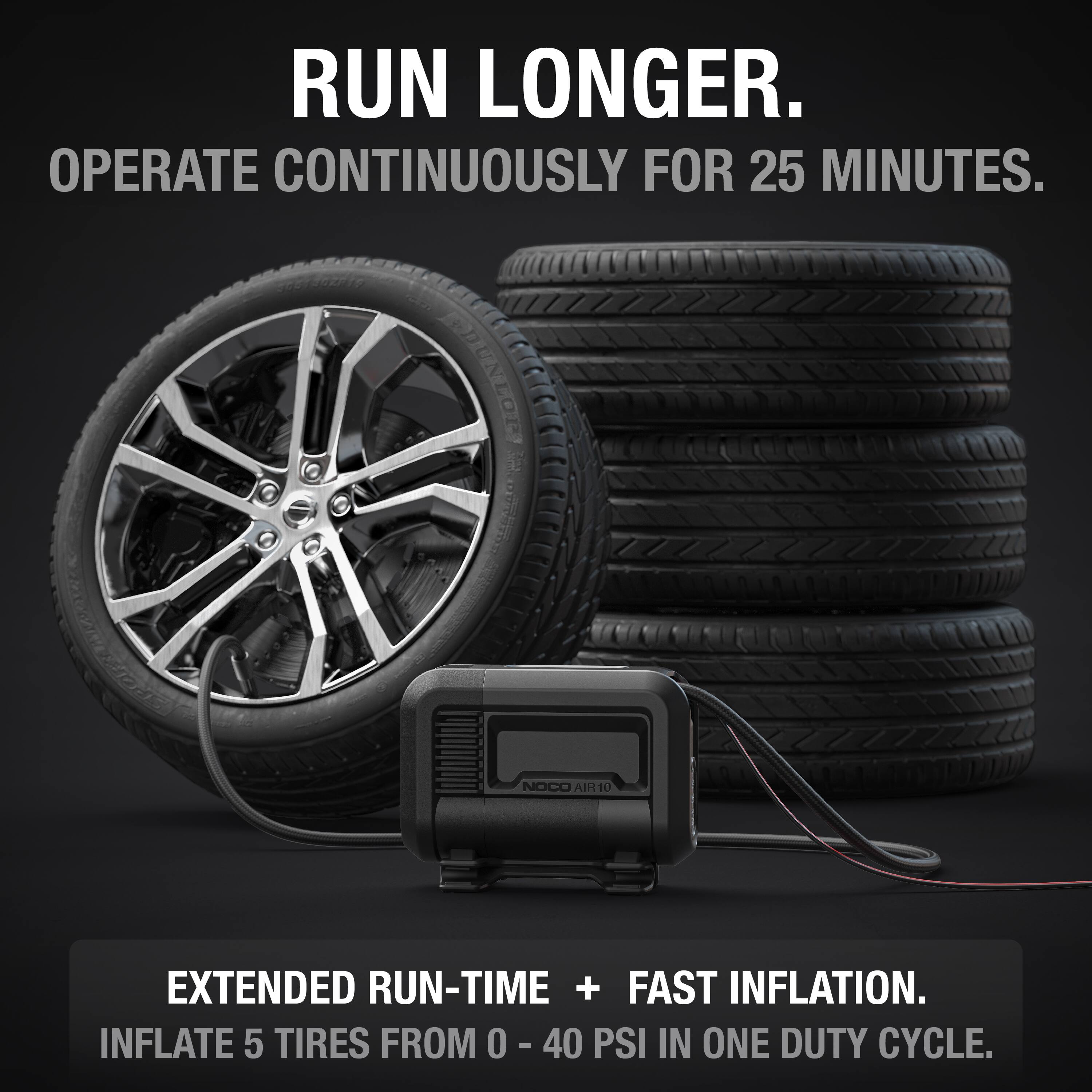 RUN LONGER.  
OPERATE CONTINUOUSLY FOR 25 MINUTES.  

EXTENDED RUN-TIME + FAST INFLATION.  
INFLATE 5 TIRES FROM 0 - 40 PSI IN ONE DUTY CYCLE.