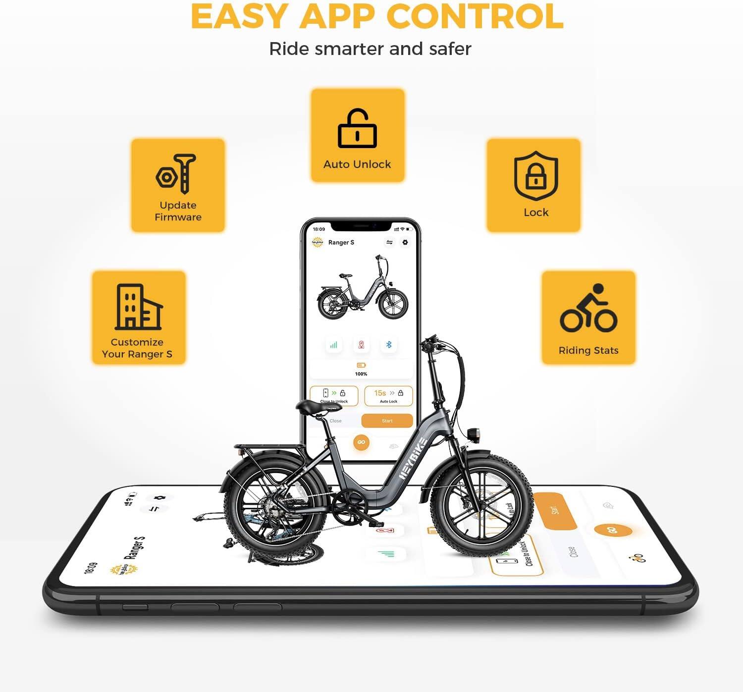 Easy App Control: Ride smarter and safer.

* Update Firmware
* Auto Unlock
* Lock Ranger 1
* Customize Your Ranger
* Riding Stats

This text describes the benefits of using the Easy App Control for the bike, which include updating the firmware, auto unlocking, customizing the bike, and tracking riding stats.