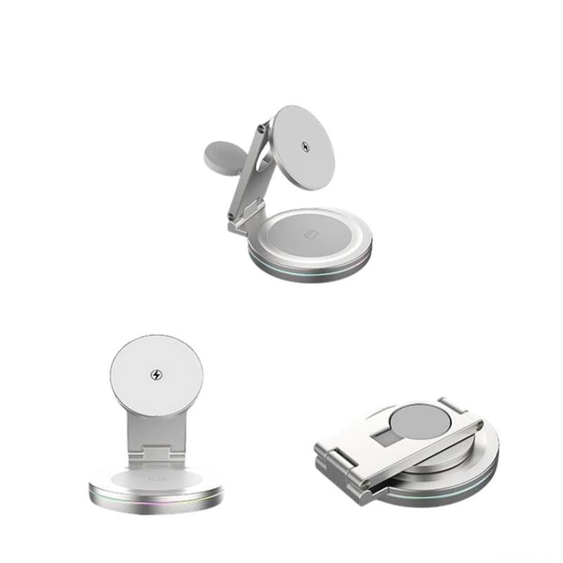 Angle. RISOKEYS - 3-in-1 Wireless Charger - Desktop Foldable and Angle-Adjustable Metal Stand, Fast Charging, Magnetic Power Adapter - Silver.
