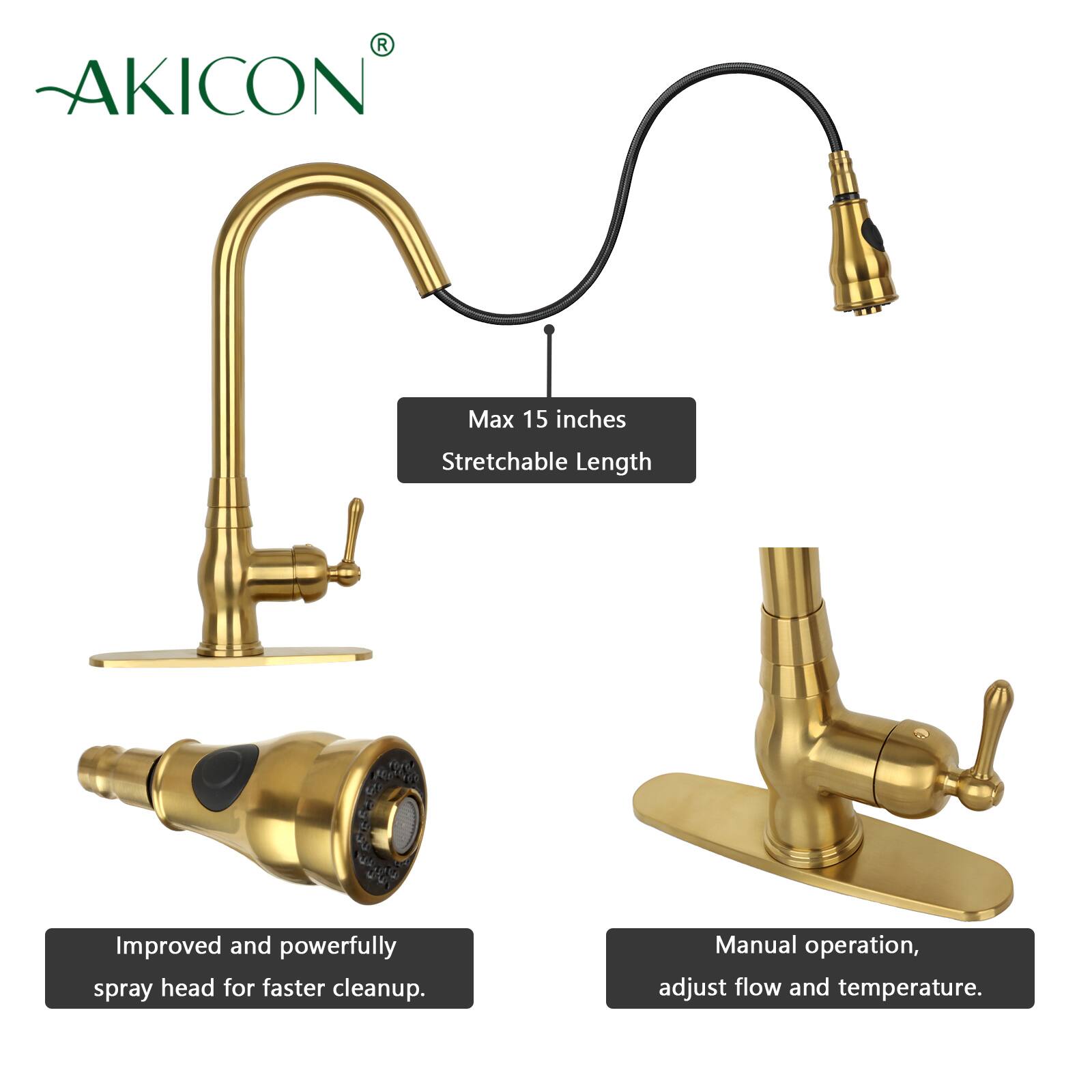 AKICON Max 15 inches Stretchable Length  
Improved and powerfully spray head for faster cleanup.  
Manual operation, adjust flow and temperature.