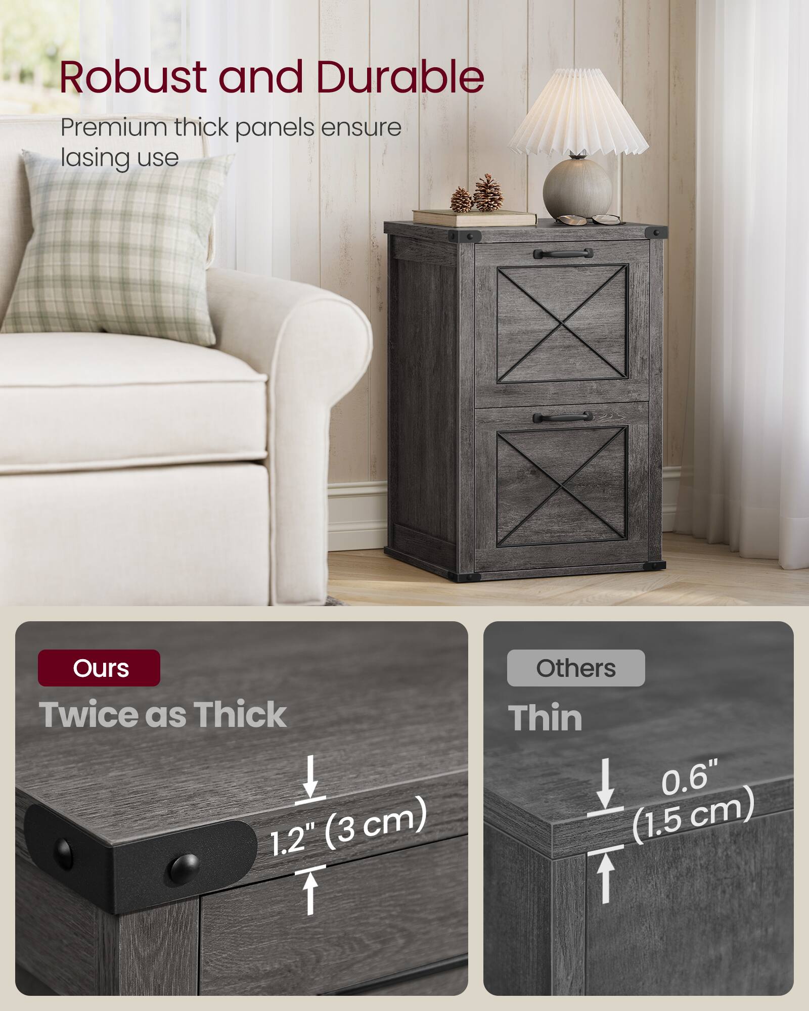 Robust and Durable  
Premium thick panels ensure lasting use  

Ours  
Twice as Thick  
1.2" (3 cm)  

Others  
Thin  
0.6" (1.5 cm)
