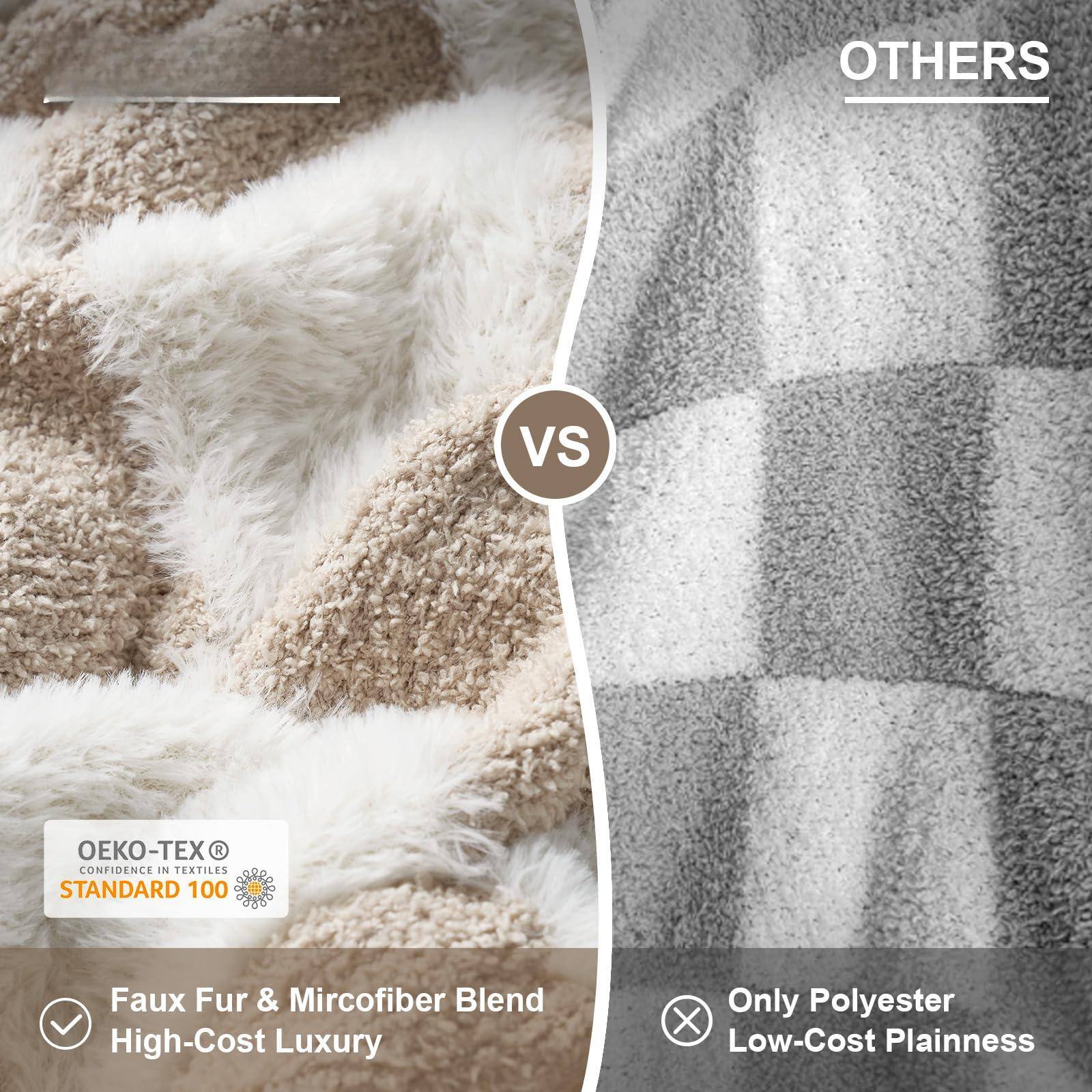 **OTHERS**

**VS**

**OEKO-TEX® CONFIDENCE IN TEXTILES STANDARD 100**

- Faux Fur & Microfiber Blend
- High-Cost Luxury

**OTHERS**

- Only Polyester
- Low-Cost Plainness