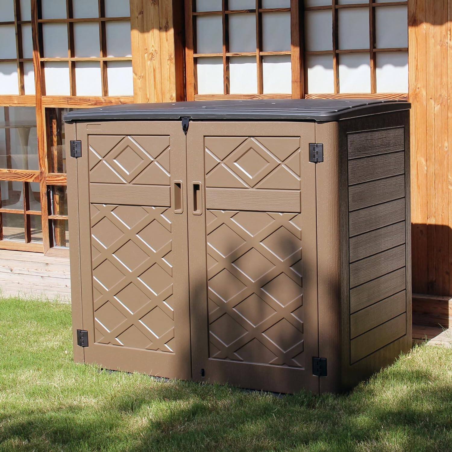 Angle. Decksplore - Larger Outdoor Storage Shed Horizontal 48 Cu.ft Outdoor Storage Box Waterproof for Garden, Patios, Backyards - Brown.