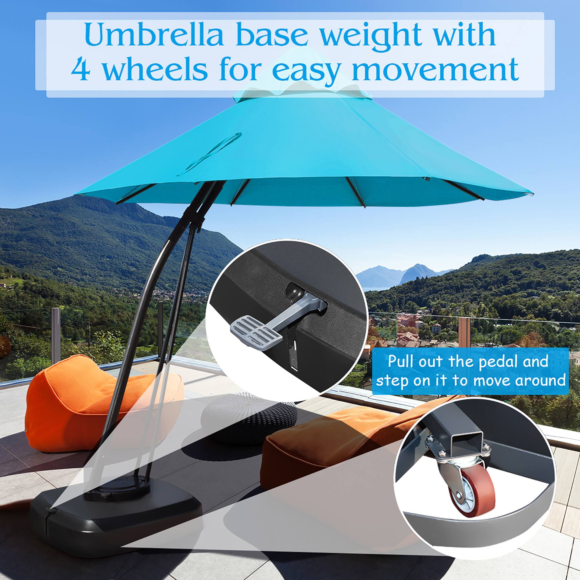 Umbrella base weight with 4 wheels for easy movement. Pull out the pedal and step on it to move around.