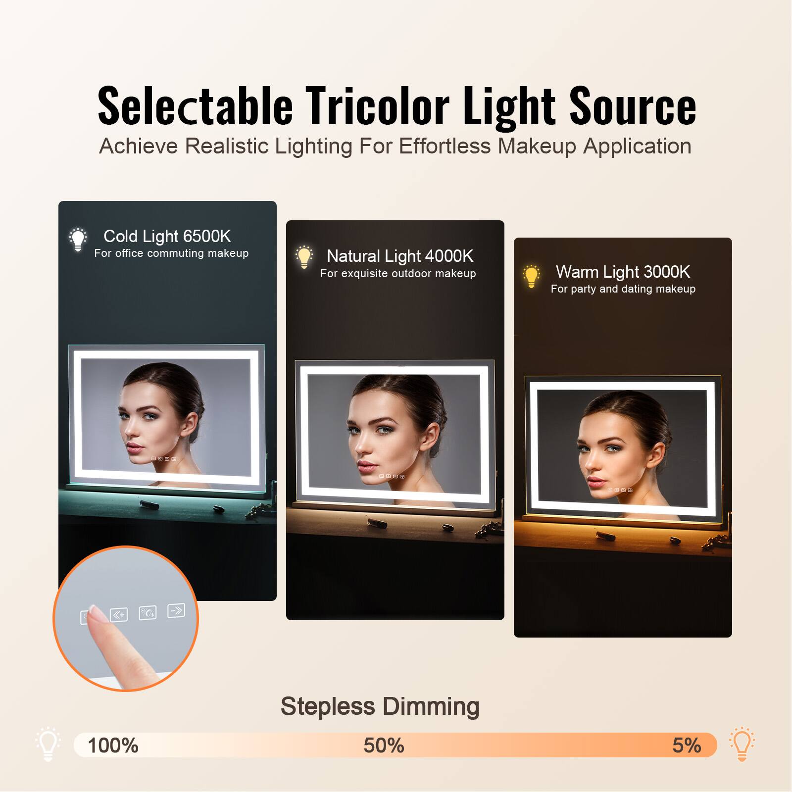 Selectable Tricolor Light Source  
Achieve Realistic Lighting For Effortless Makeup Application  

Cold Light 6500K  
For office commuting makeup  

Natural Light 4000K  
For exquisite outdoor makeup  

Warm Light 3000K  
For party and dating makeup  

Stepless Dimming  
100%  
50%  
5%