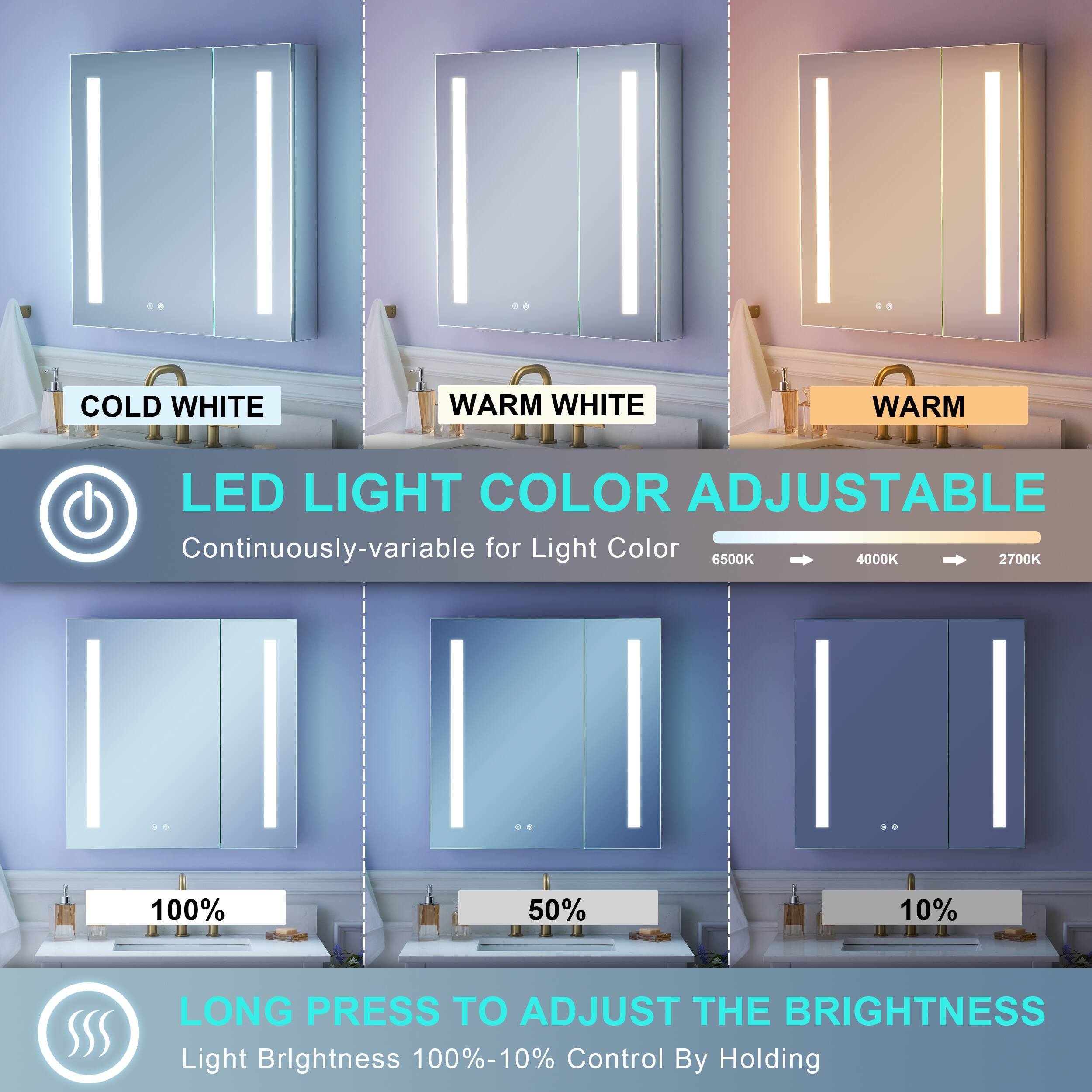COLD WHITE WARM WHITE WARM LED LIGHT COLOR ADJUSTABLE Continuously-variable for Light Color 6500K 4000K 2700K 100% 50% 10% LONG PRESS TO ADJUST THE BRIGHTNESS Light Brightness 100%-10% Control By Holding