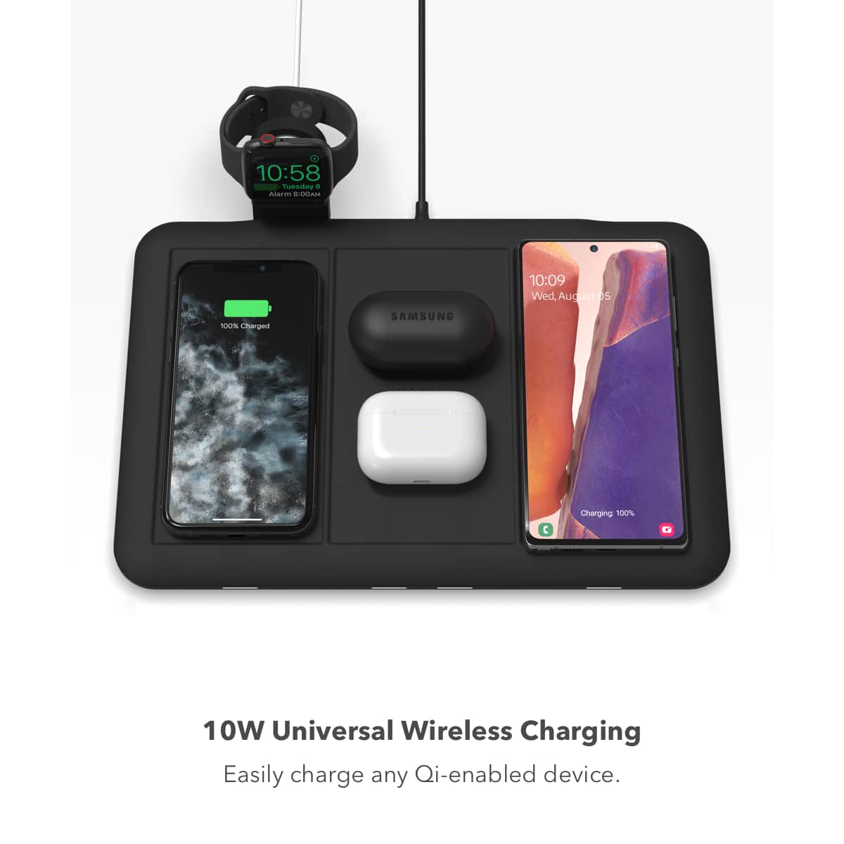10:58 Tuesday - Alarm - BODAN 10:09 Wed. August 05 - 100% Charged - SAMSUNG - Charging - 100% - 10W Universal Wireless Charging - Easily charge any Qi-enabled device.