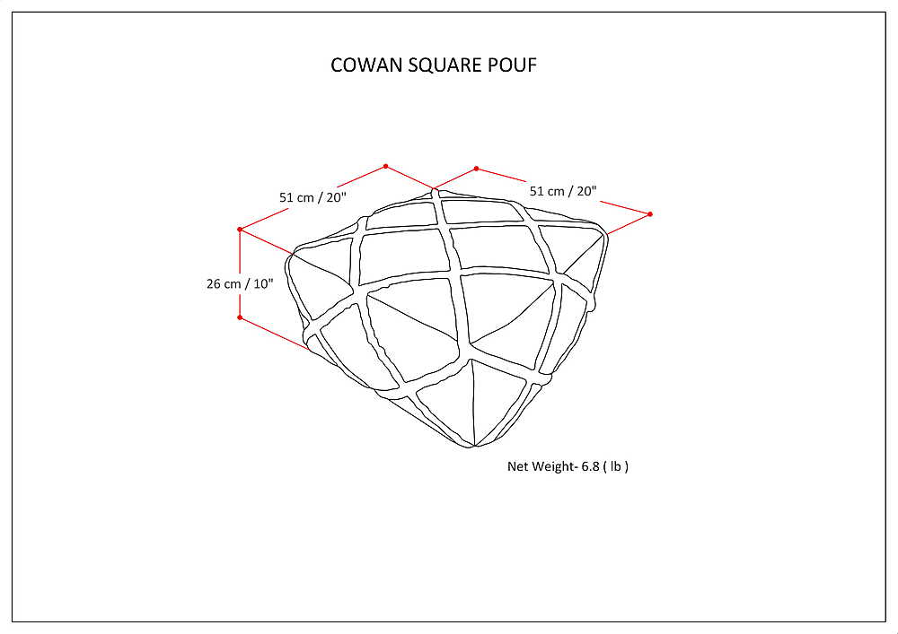The image shows a large, wired, geometric object with a net weight of 6.8 pounds. The object is described as a "Cowan Square Pouf," and it is displayed in a white background. The dimensions of the object are 51 cm (20 inches) in length and width, and 26 cm (10 inches) in height. The object appears to be a decorative piece or a piece of furniture, possibly made of metal or wire.