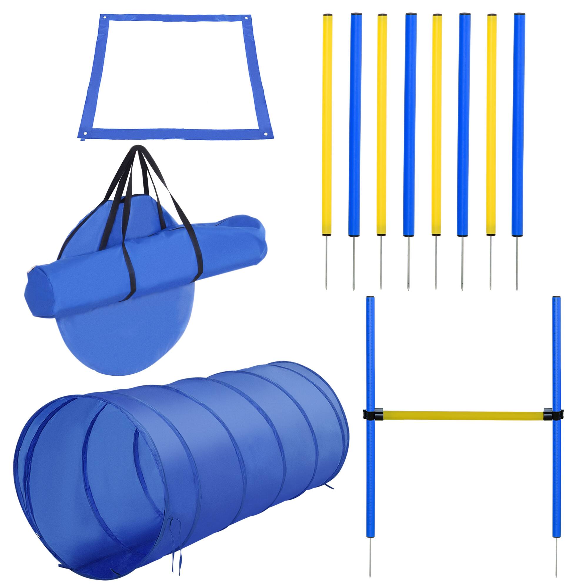 Front. Pawhut - 4PC Dog Agility Training Course, Jump Hurdle, Tunnel, Pause Box, Weave Poles, Carrying Bag, Backyard Equipment - Blue.