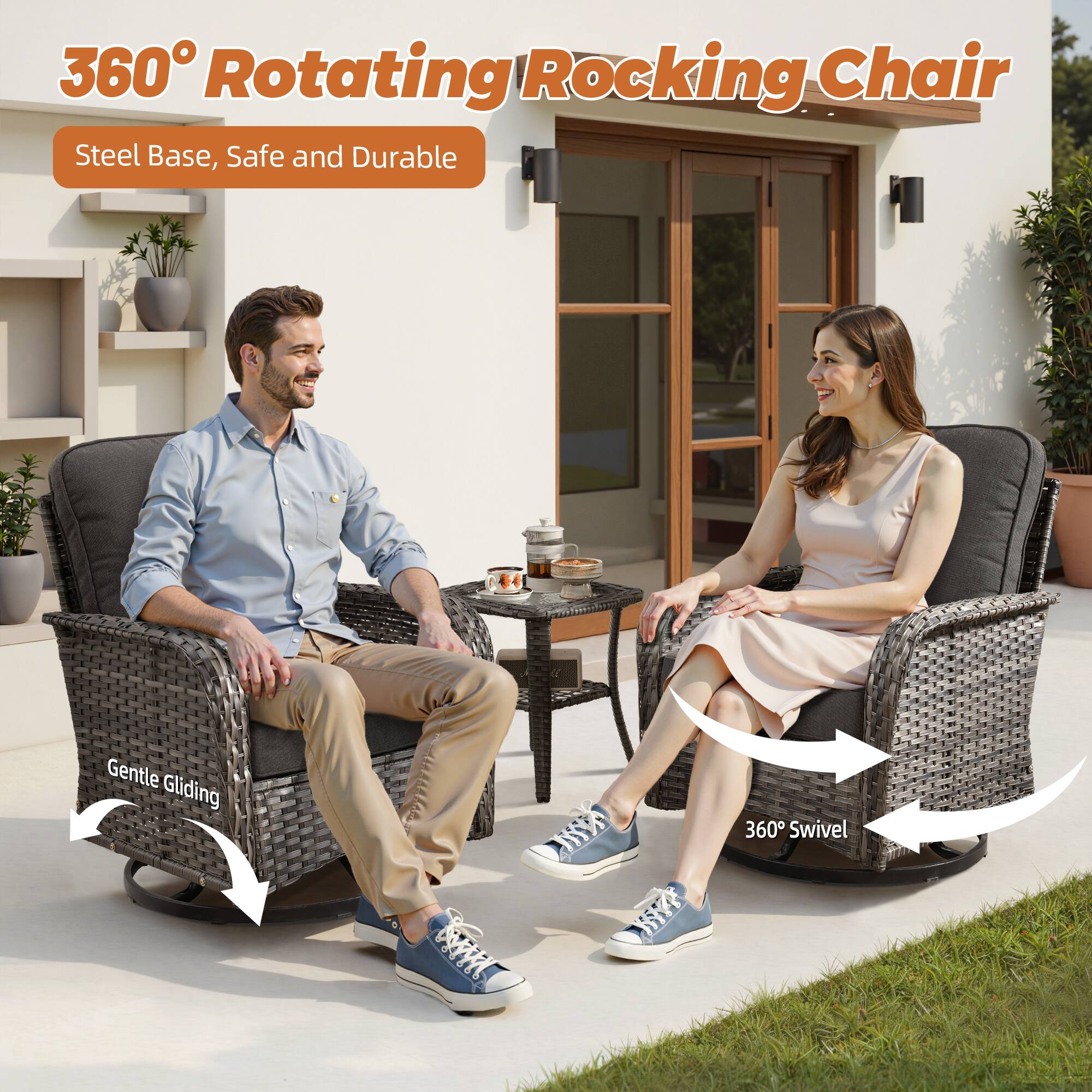 360° Rotating Rocking Chair  
Steel Base, Safe and Durable  

Gentle Gliding  
360° Swivel