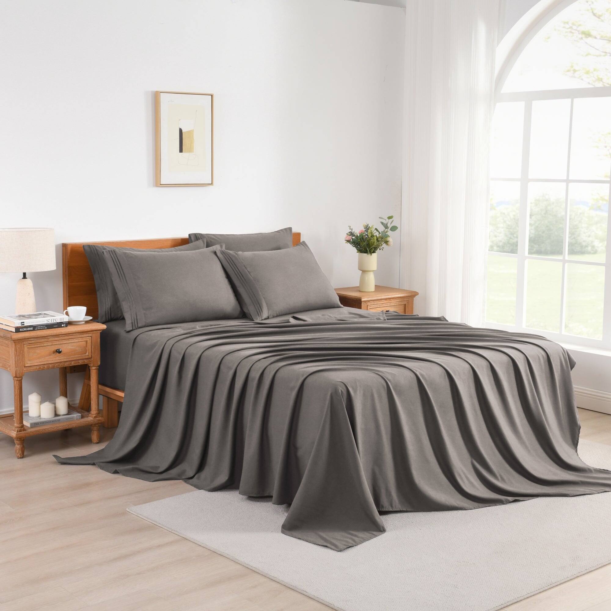 Left. MarCielo - Marcielo 4/6 Pcs Soft Solid & Embroidery Bed Sheets Set - Dark Grey.