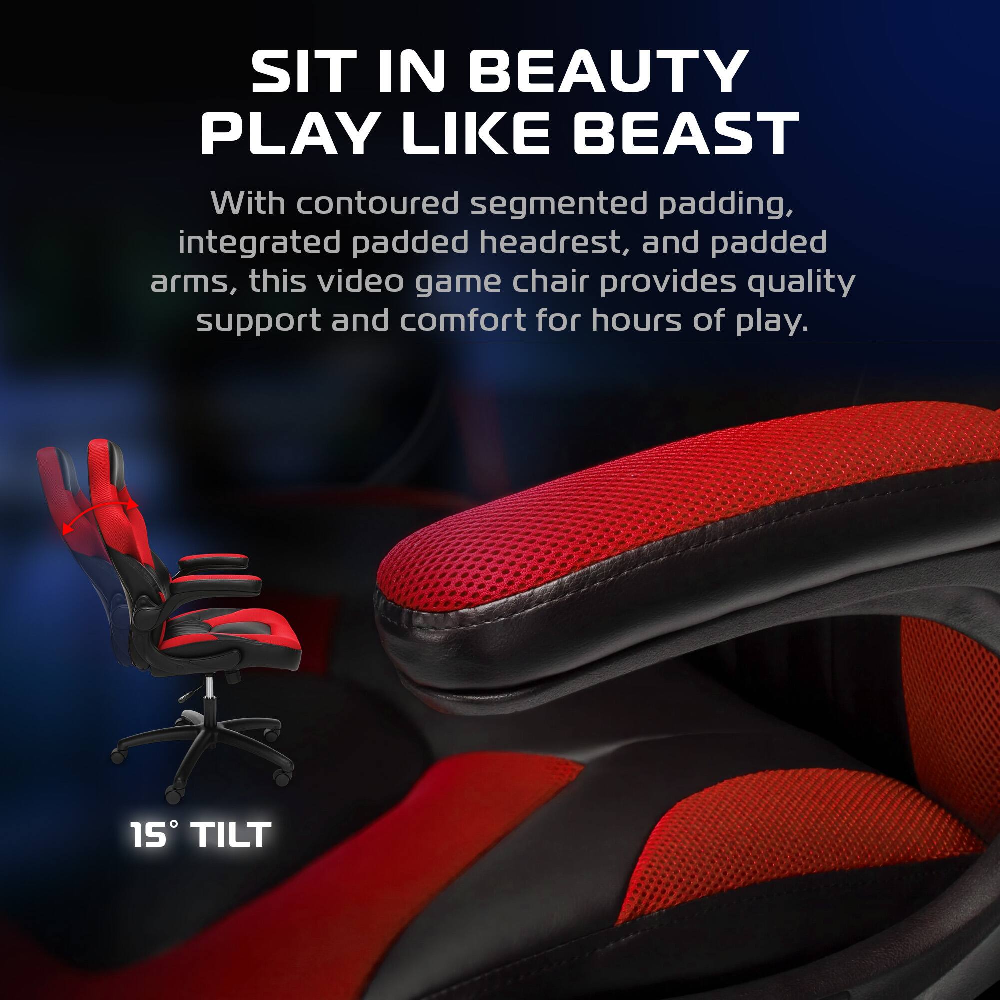SIT IN BEAUTY  
PLAY LIKE BEAST  

With contoured segmented padding, integrated padded headrest, and padded arms, this video game chair provides quality support and comfort for hours of play.  

15° TILT