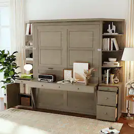 Anysun - Queen Murphy Bed with Desk, Storage Shelves and Cabinets, Hidden Wall Bed for Space-Saving Home Office - Gray