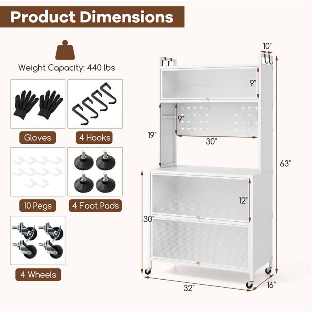 Product Dimensions  
Weight Capacity: 440 lbs  
- Gloves  
- 4 Hooks  
- 10 Pegs  
- 4 Foot Pads  
- 4 Wheels  

Dimensions:  
- Height: 63"  
- Width: 32"  
- Depth: 16"  
- Shelf 1: 30" x 12"  
- Shelf 2: 30" x 9"  
- Hooks: 19" x 9"