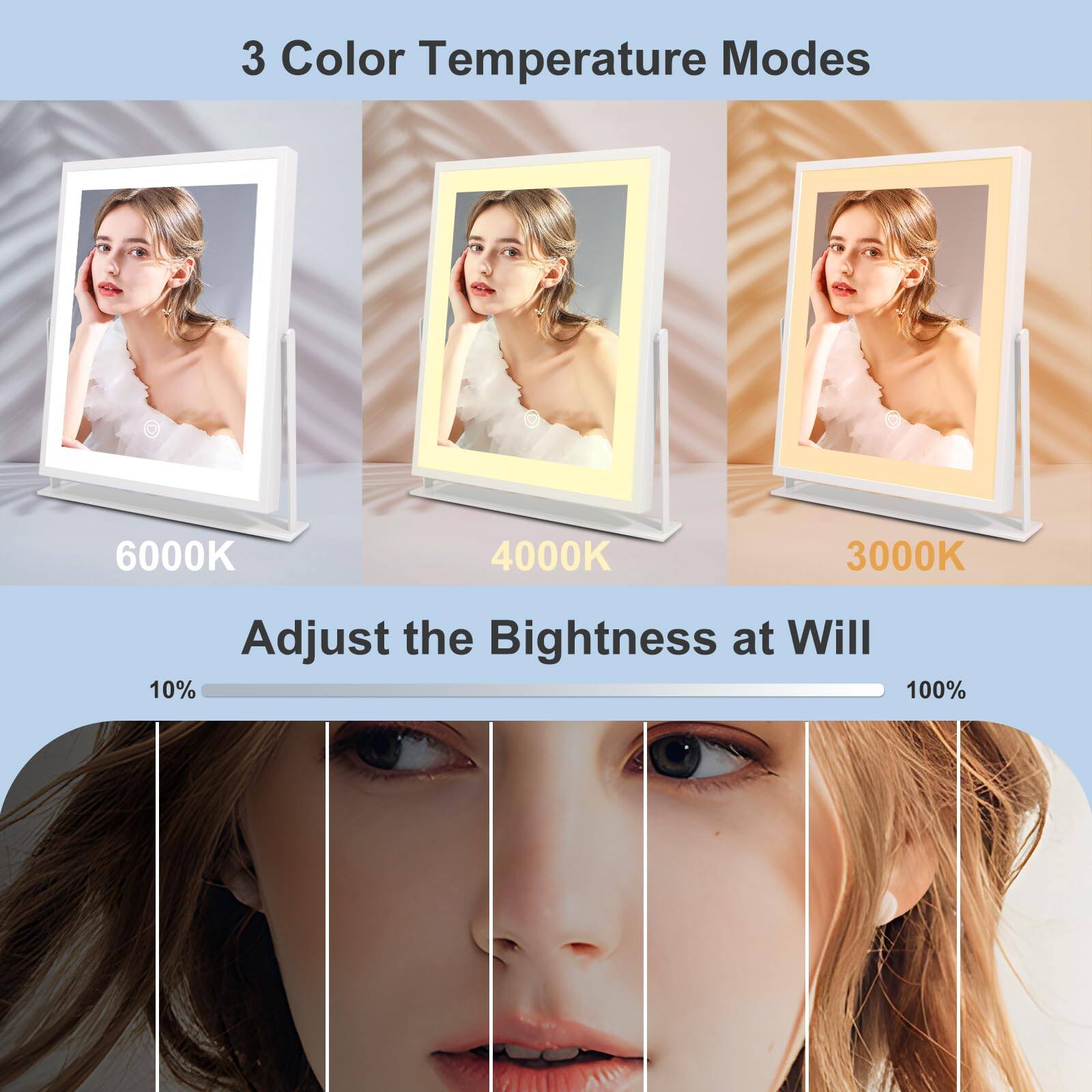 3 Color Temperature Modes  
6000K 4000K 3000K  

Adjust the Brightness at Will  
10% 100%