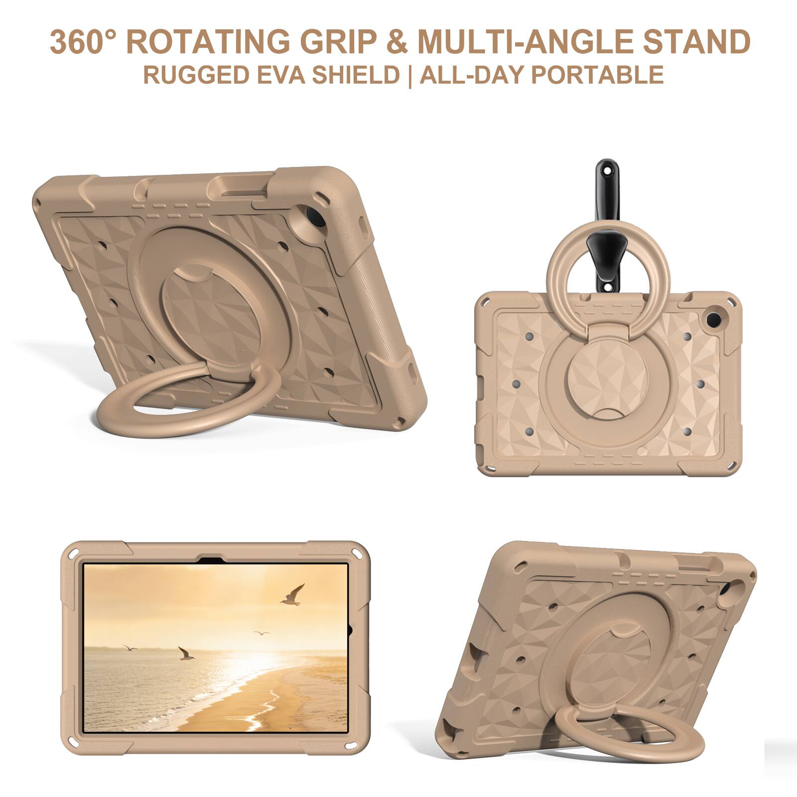 360° ROTATING GRIP & MULTI-ANGLE STAND  
RUGGED EVA SHIELD | ALL-DAY PORTABLE