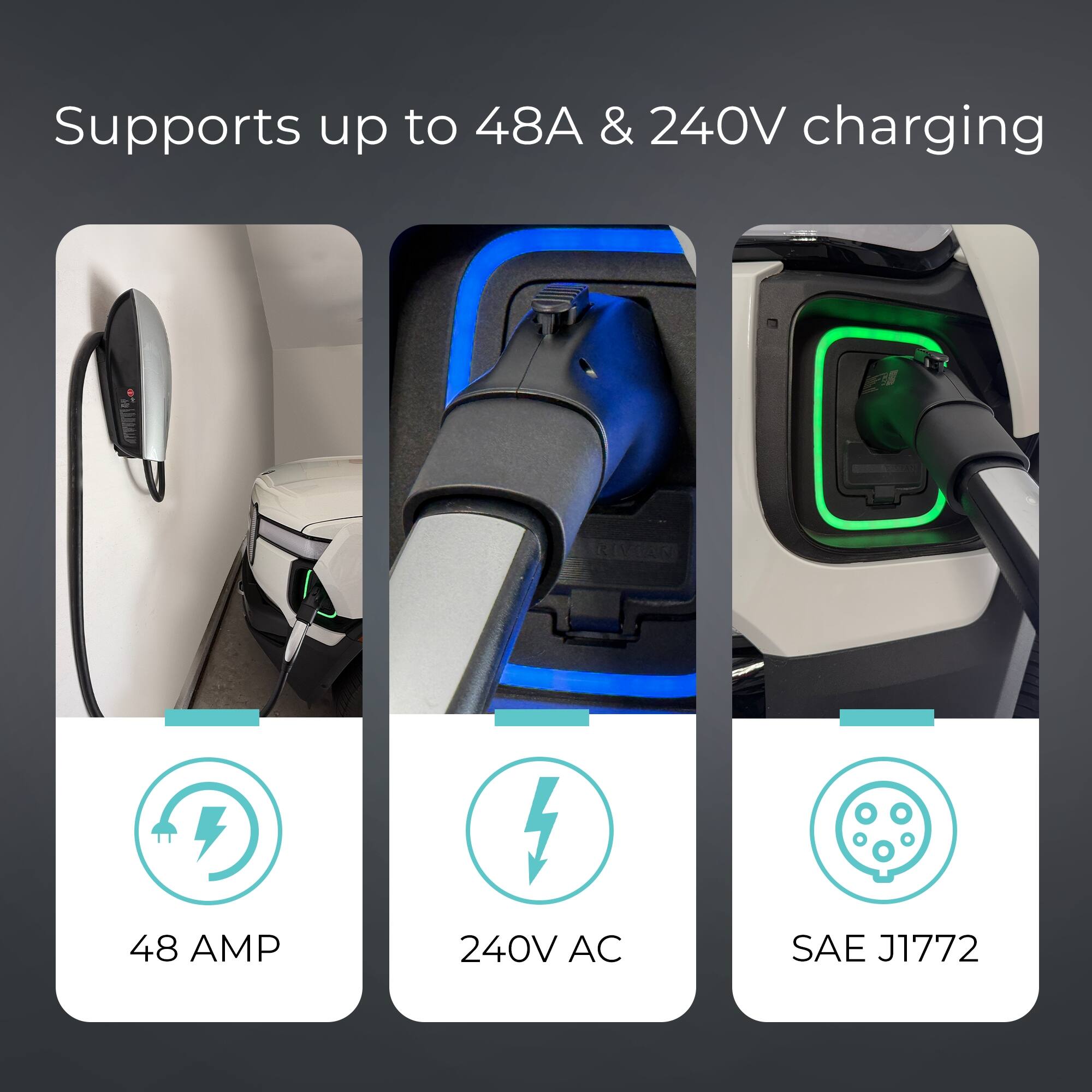 Supports up to 48A & 240V charging

48 AMP

240V AC

SAE J1772